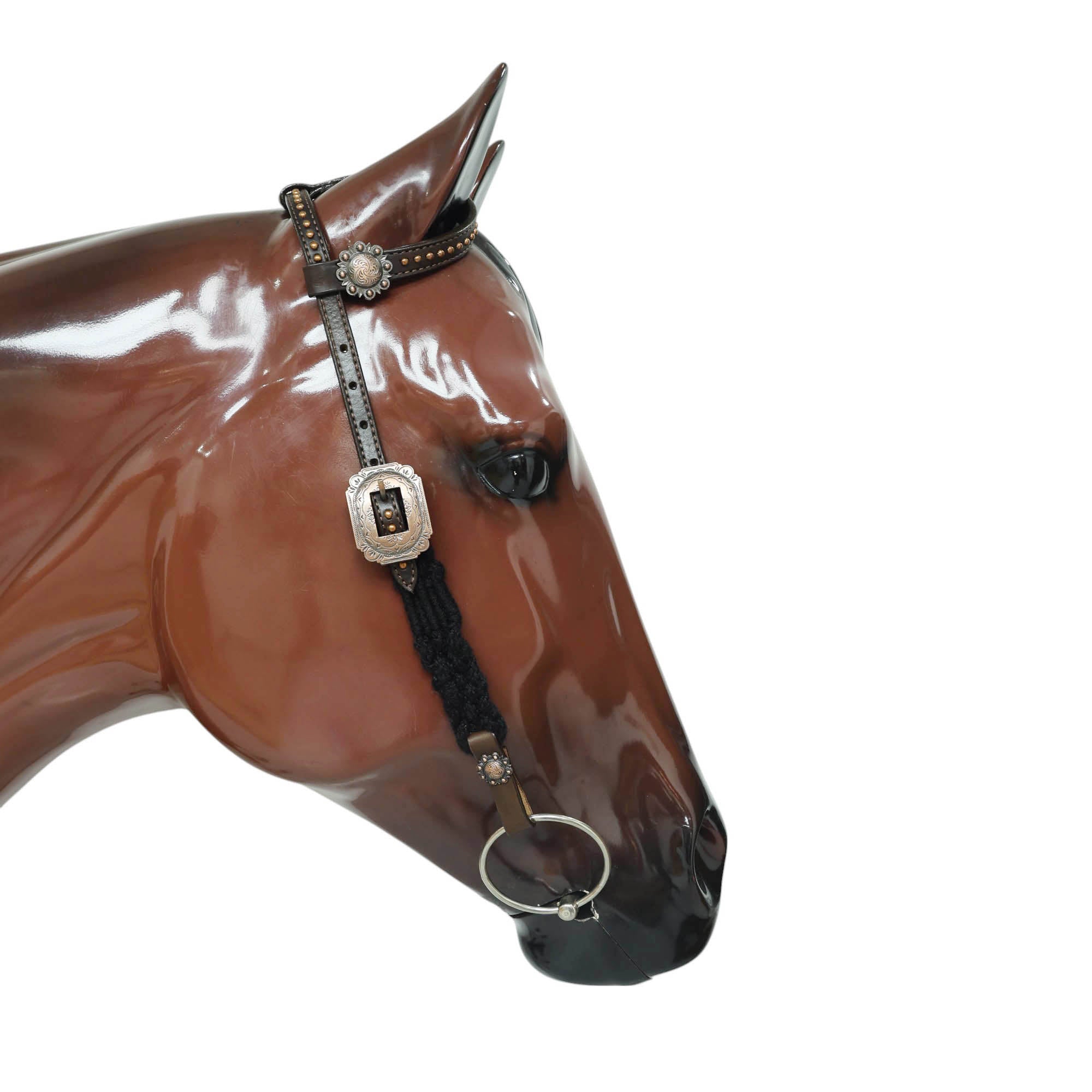 MOUSM Western Headstall Set for Horse - Handcrafted with Genuine Cow Leather Featuring Engraved Copper Rings Connected by Black Mohair, Congress Conchos at Center, All Antique Copper Hardware