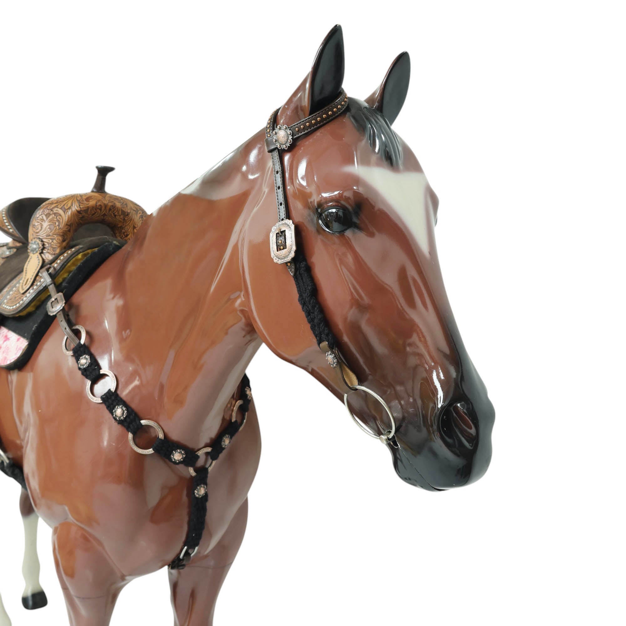 MOUSM Western Headstall Set for Horse - Handcrafted with Genuine Cow Leather Featuring Engraved Copper Rings Connected by Black Mohair, Congress Conchos at Center, All Antique Copper Hardware