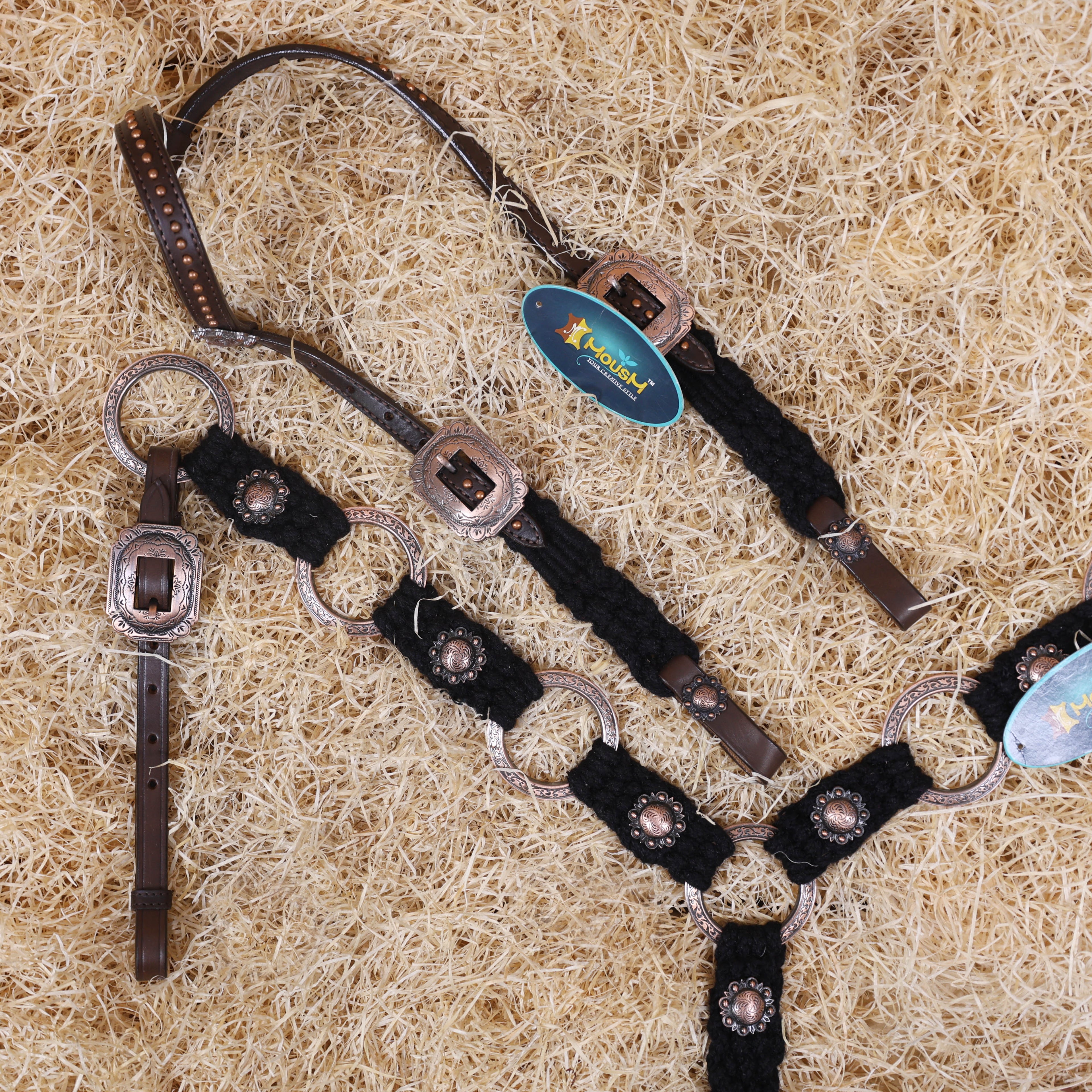 MOUSM Western Headstall Set for Horse - Handcrafted with Genuine Cow Leather Featuring Engraved Copper Rings Connected by Black Mohair, Congress Conchos at Center, All Antique Copper Hardware