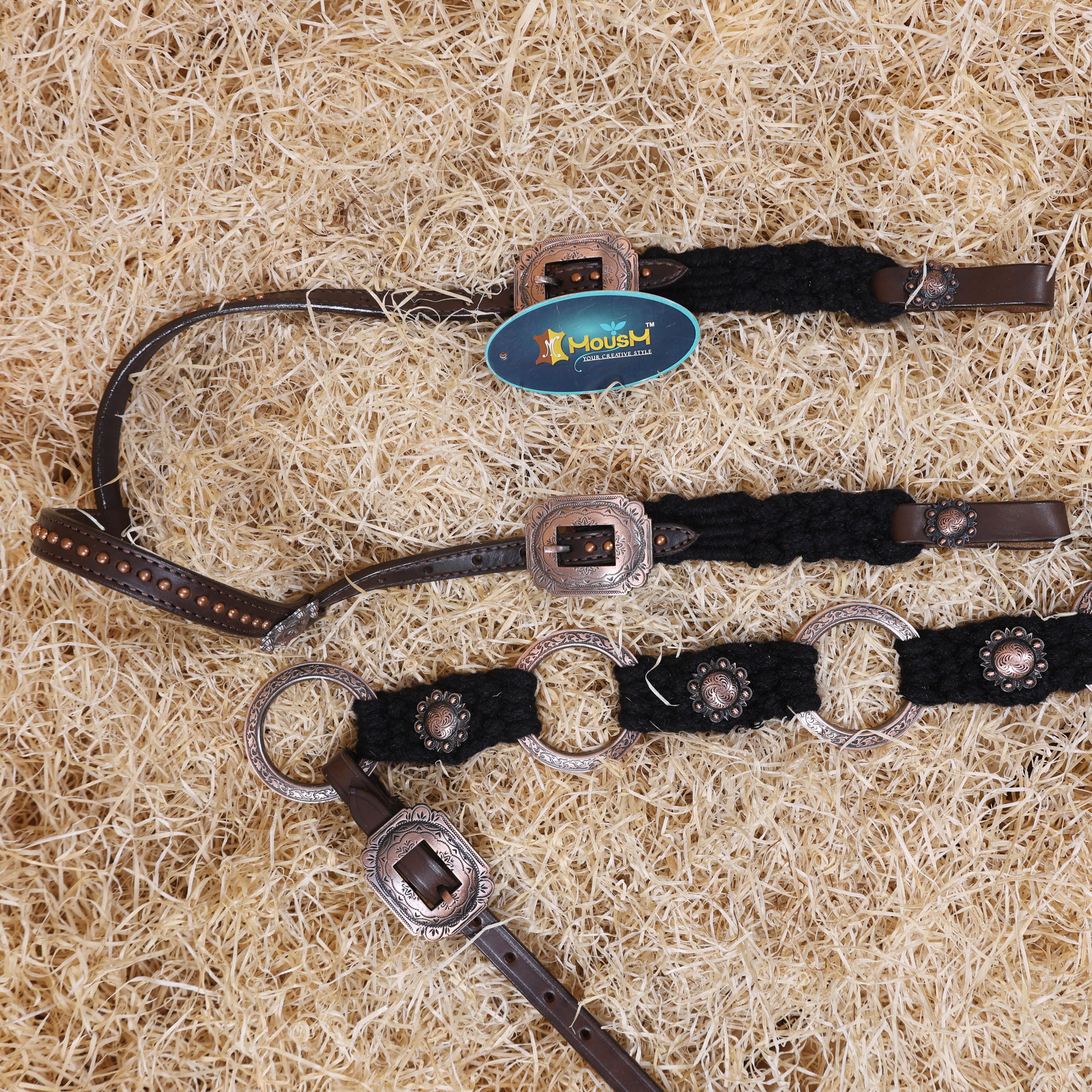 MOUSM Western Headstall Set for Horse - Handcrafted with Genuine Cow Leather Featuring Engraved Copper Rings Connected by Black Mohair, Congress Conchos at Center, All Antique Copper Hardware