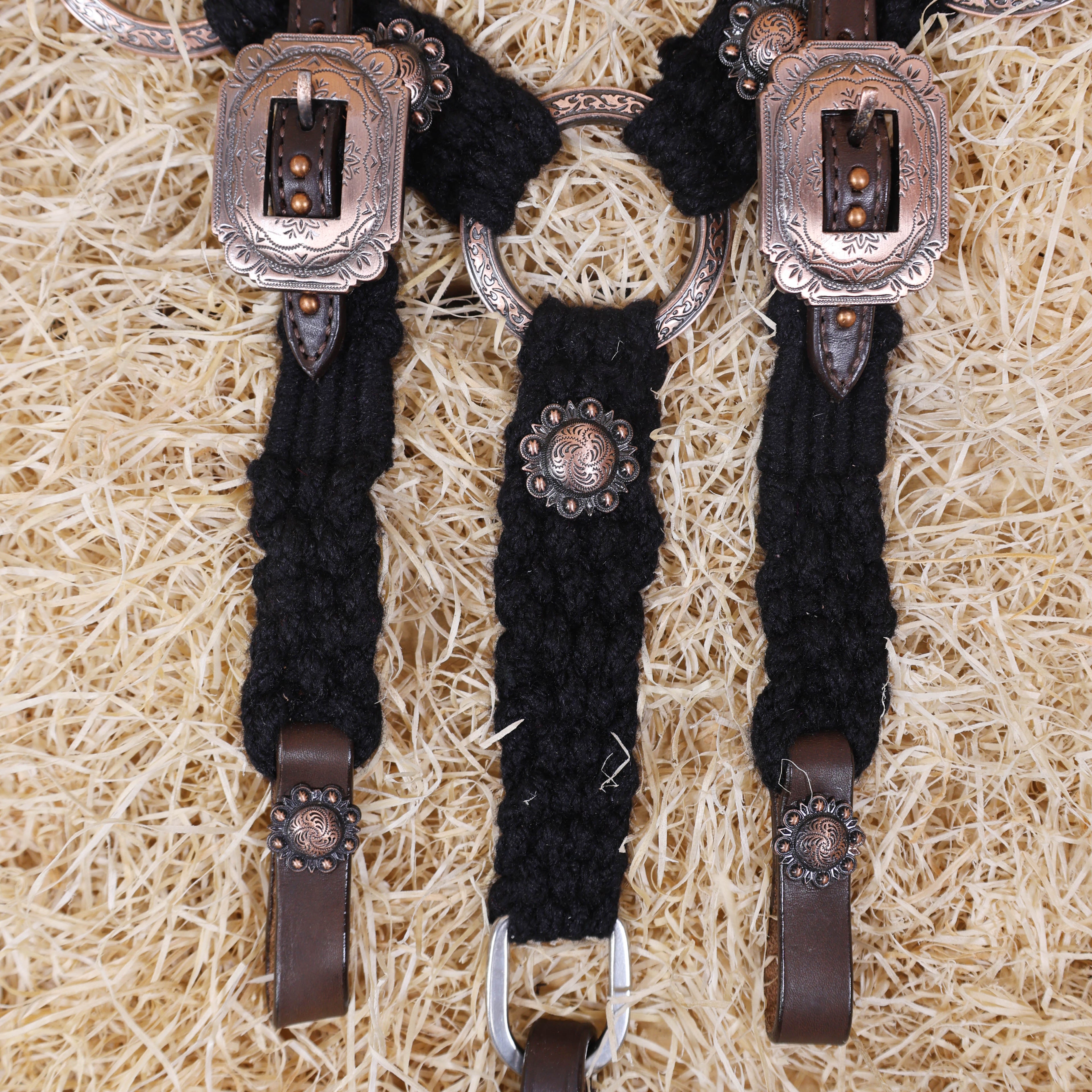 MOUSM Western Headstall Set for Horse - Handcrafted with Genuine Cow Leather Featuring Engraved Copper Rings Connected by Black Mohair, Congress Conchos at Center, All Antique Copper Hardware