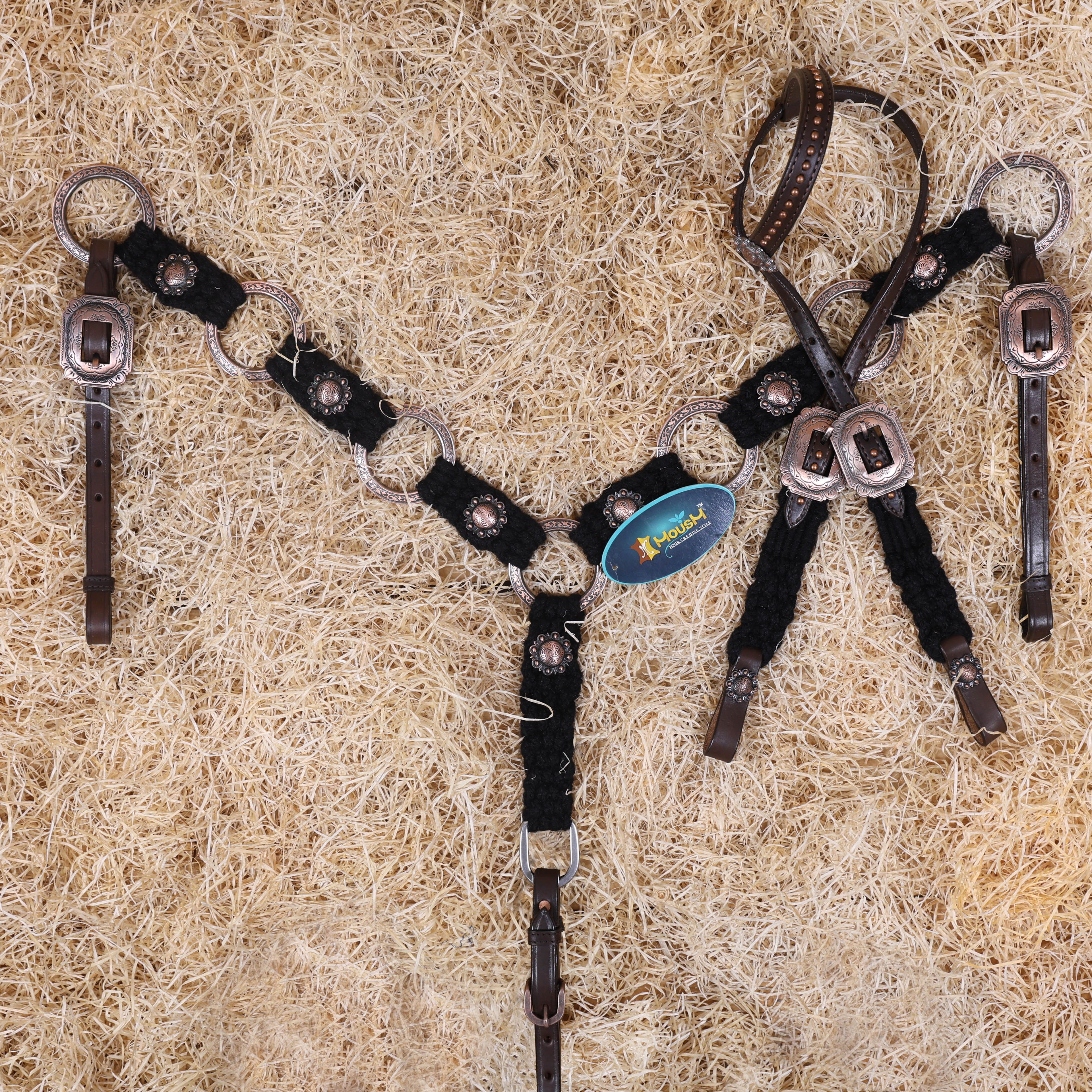 MOUSM Western Headstall Set for Horse - Handcrafted with Genuine Cow Leather Featuring Engraved Copper Rings Connected by Black Mohair, Congress Conchos at Center, All Antique Copper Hardware