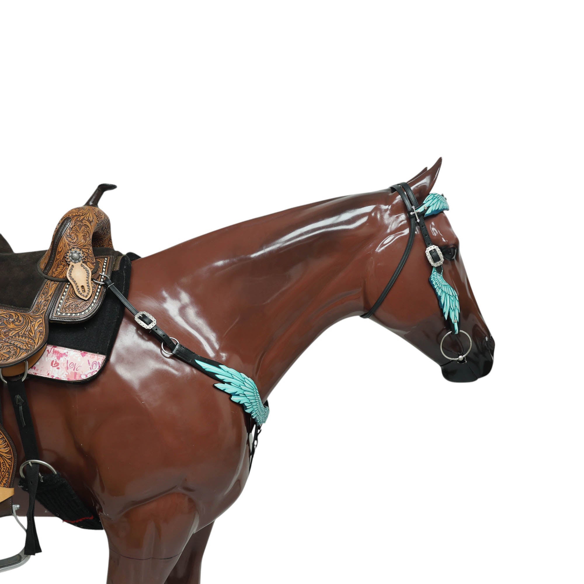 MOUSM Browband Headstall and Breast Collar Set – Made with Genuine Argentina Cow Leather, Featuring Hand-Painted Turquoise Angel Wings, Cross-Style Concho on Browband, Average Full Size Horse