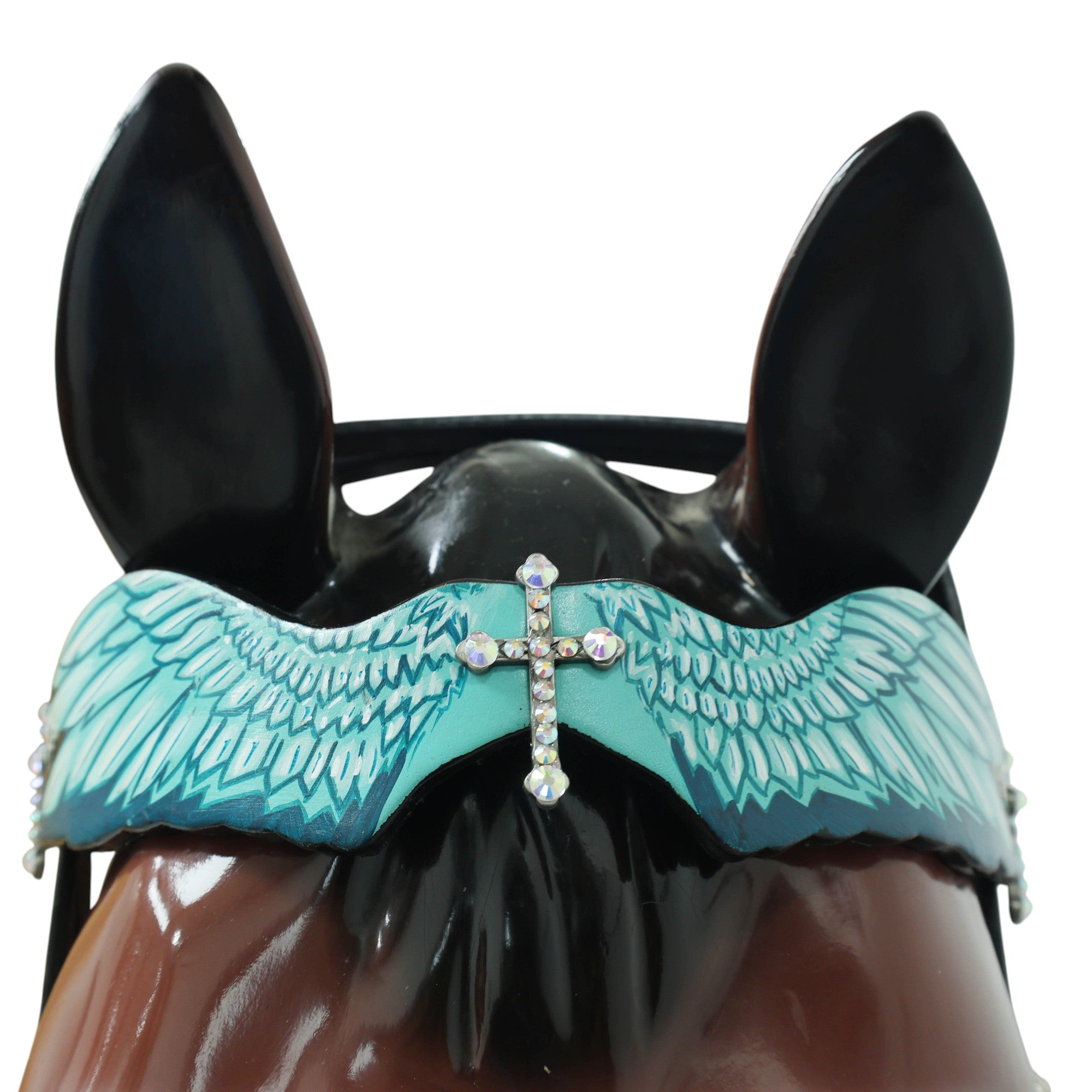 MOUSM Browband Headstall and Breast Collar Set – Made with Genuine Argentina Cow Leather, Featuring Hand-Painted Turquoise Angel Wings, Cross-Style Concho on Browband, Average Full Size Horse