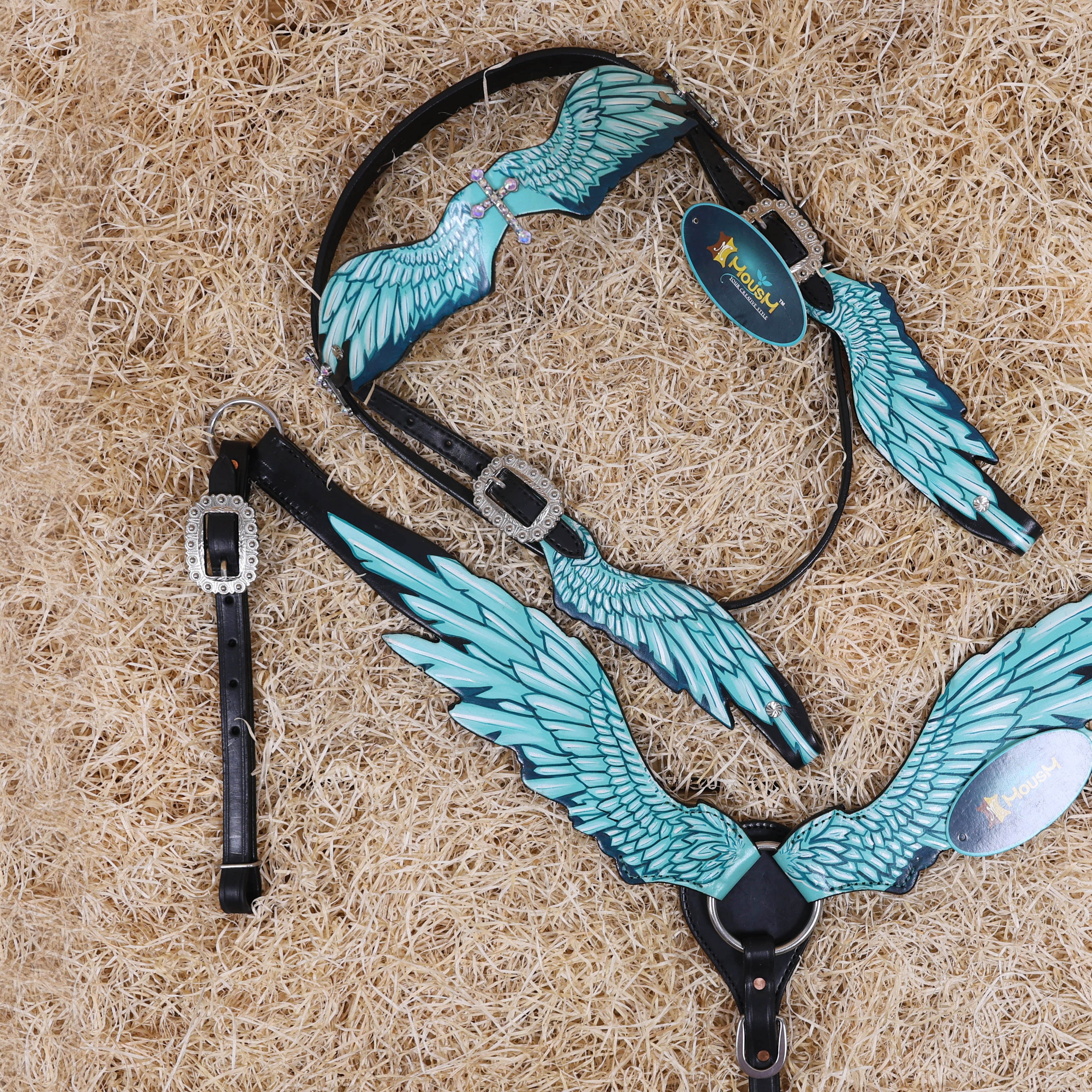 MOUSM Browband Headstall and Breast Collar Set – Made with Genuine Argentina Cow Leather, Featuring Hand-Painted Turquoise Angel Wings, Cross-Style Concho on Browband, Average Full Size Horse