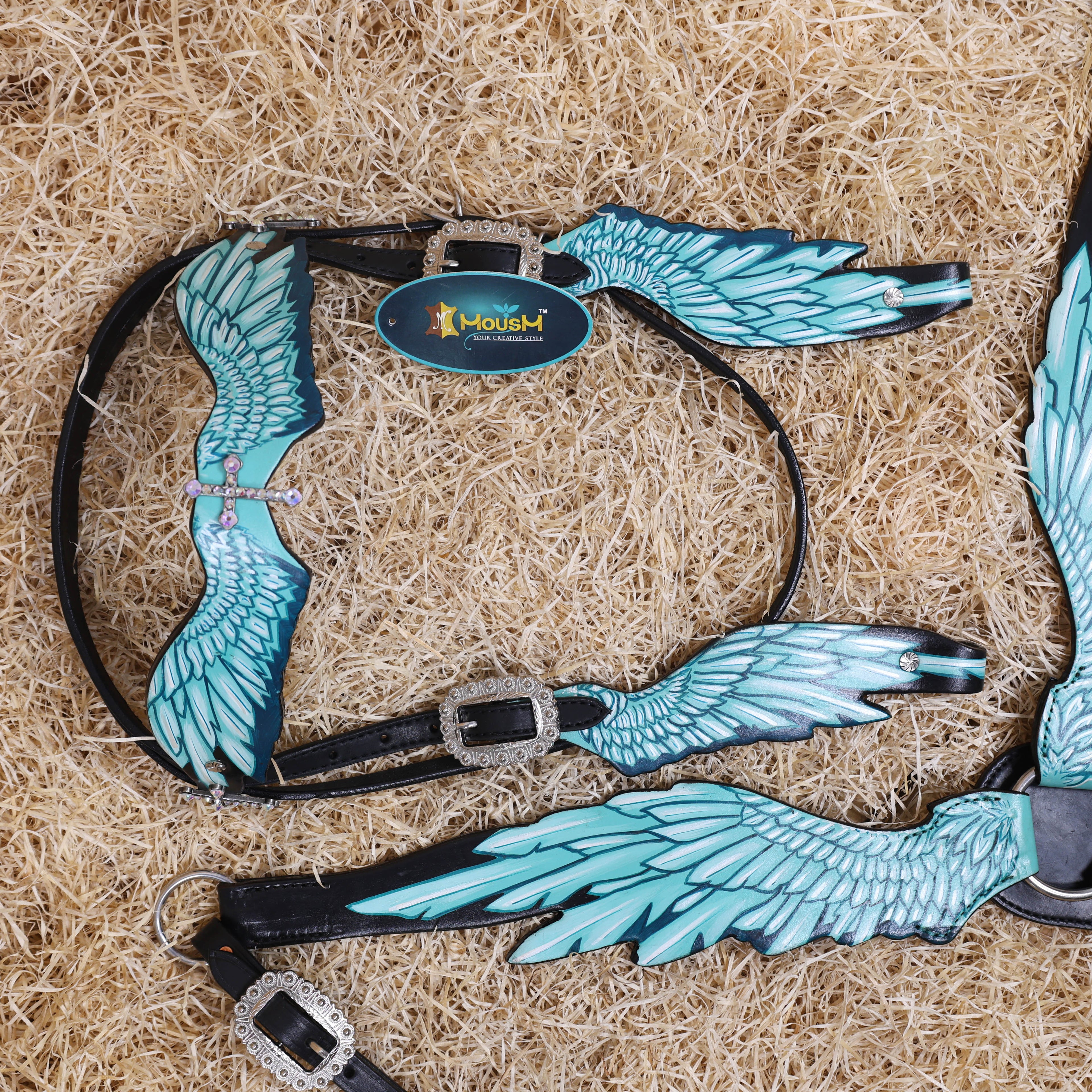 MOUSM Browband Headstall and Breast Collar Set – Made with Genuine Argentina Cow Leather, Featuring Hand-Painted Turquoise Angel Wings, Cross-Style Concho on Browband, Average Full Size Horse
