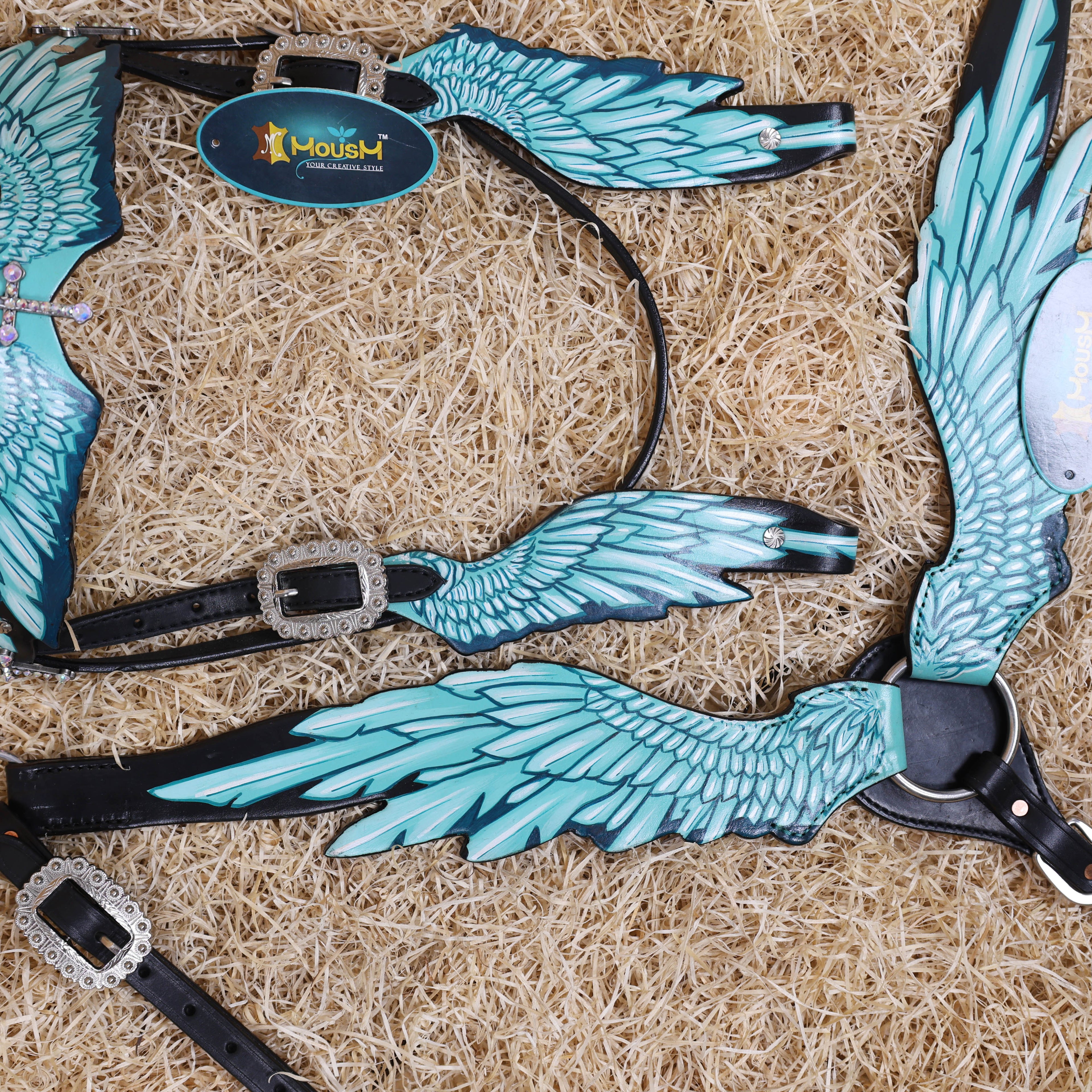 MOUSM Browband Headstall and Breast Collar Set – Made with Genuine Argentina Cow Leather, Featuring Hand-Painted Turquoise Angel Wings, Cross-Style Concho on Browband, Average Full Size Horse