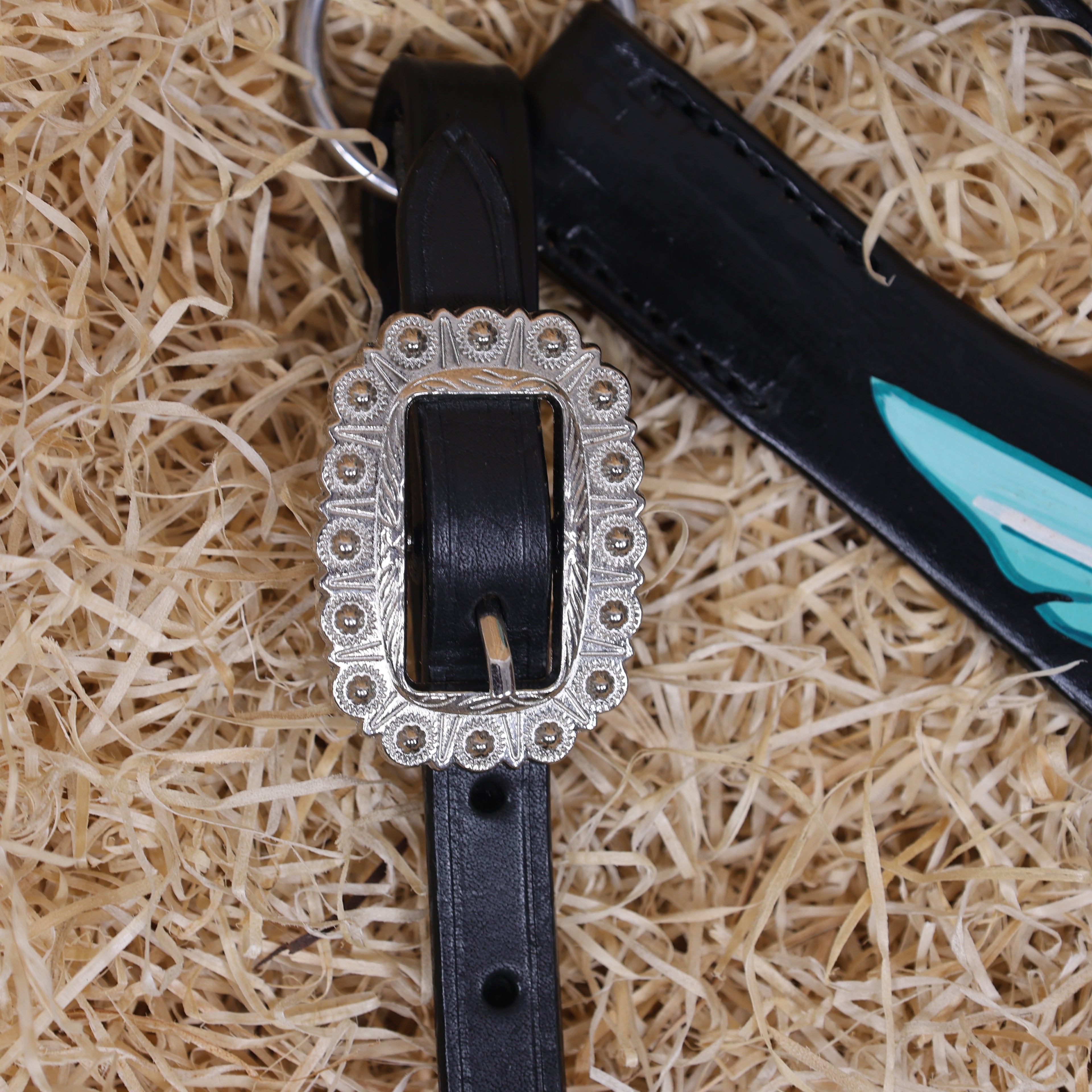 MOUSM Browband Headstall and Breast Collar Set – Made with Genuine Argentina Cow Leather, Featuring Hand-Painted Turquoise Angel Wings, Cross-Style Concho on Browband, Average Full Size Horse