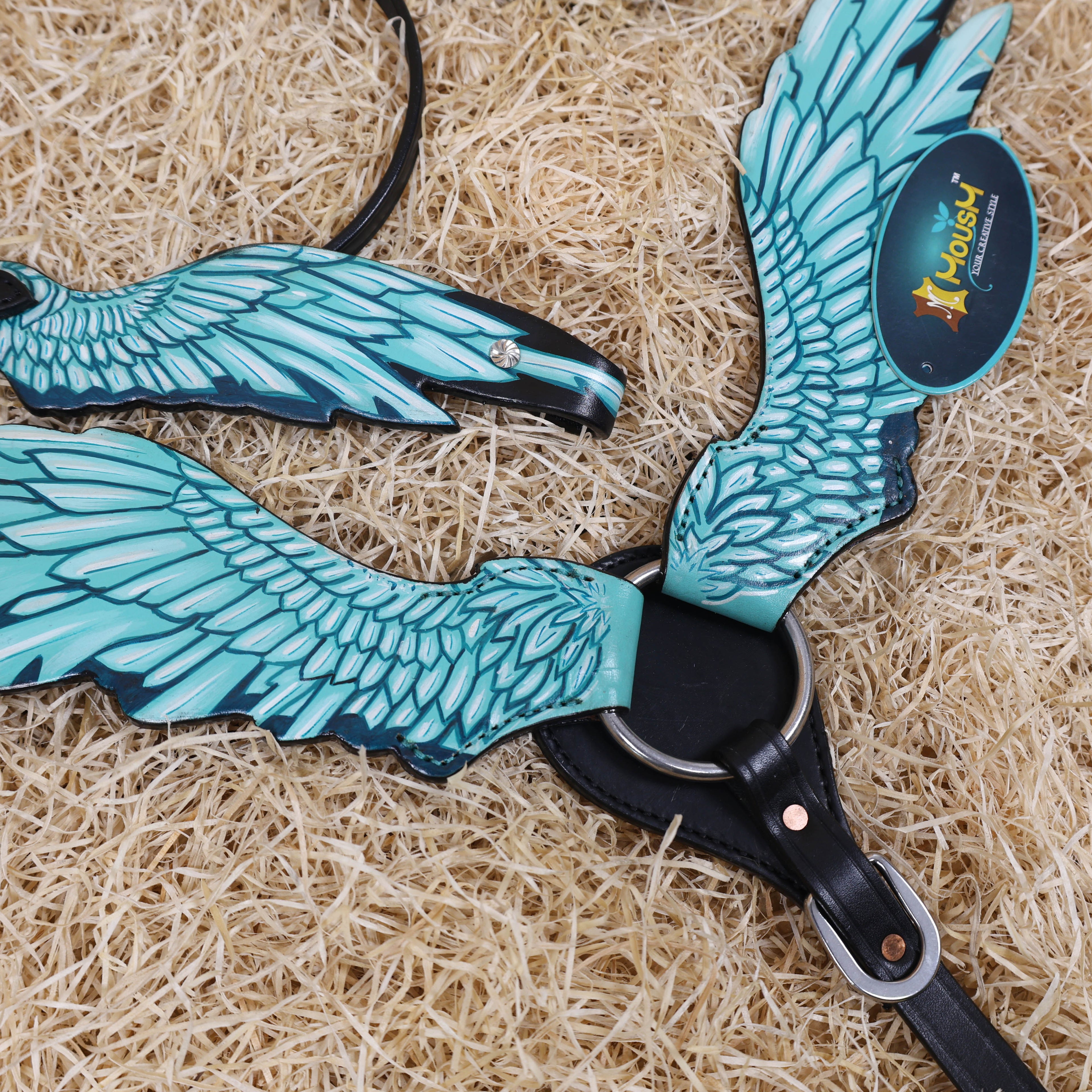 MOUSM Browband Headstall and Breast Collar Set – Made with Genuine Argentina Cow Leather, Featuring Hand-Painted Turquoise Angel Wings, Cross-Style Concho on Browband, Average Full Size Horse