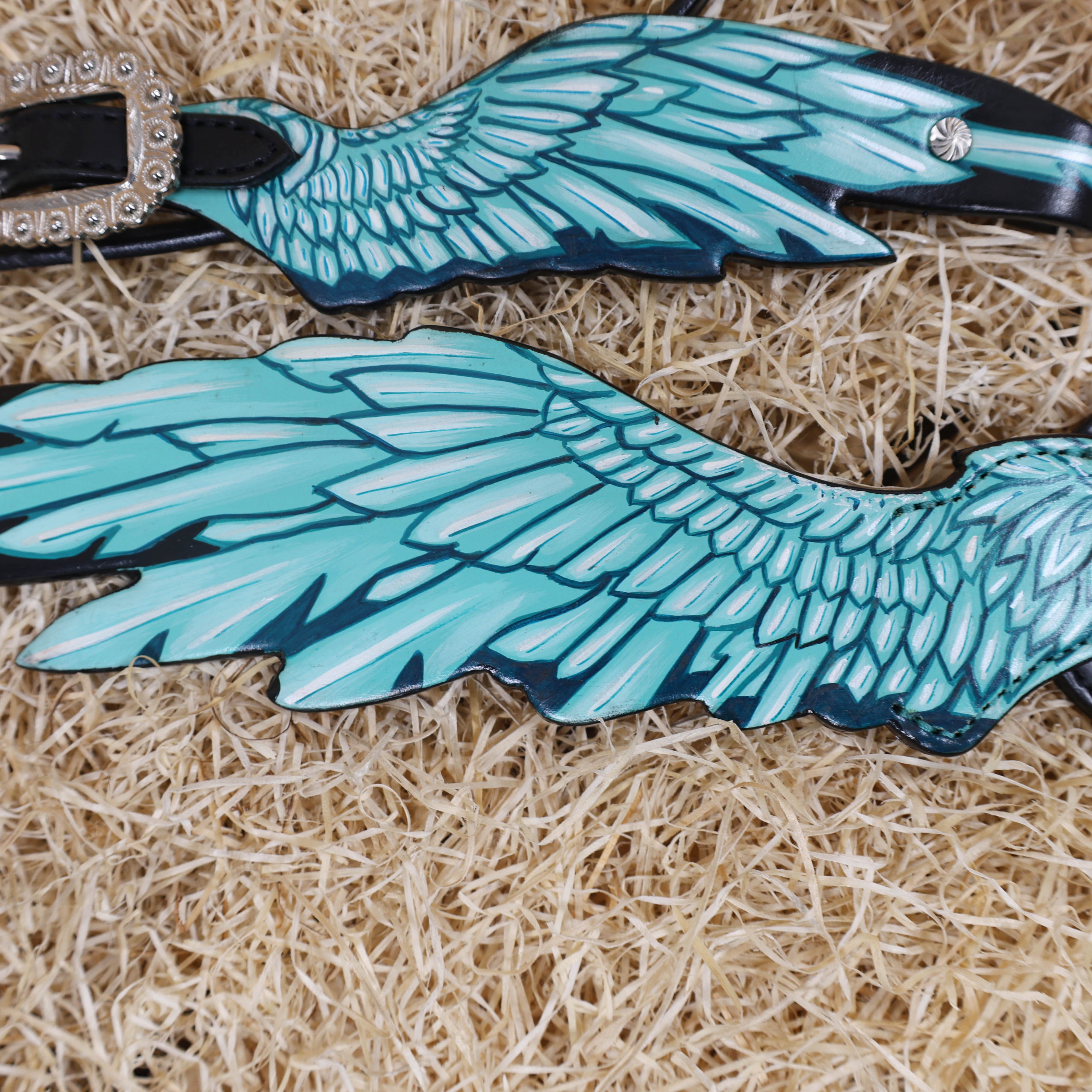 MOUSM Browband Headstall and Breast Collar Set – Made with Genuine Argentina Cow Leather, Featuring Hand-Painted Turquoise Angel Wings, Cross-Style Concho on Browband, Average Full Size Horse