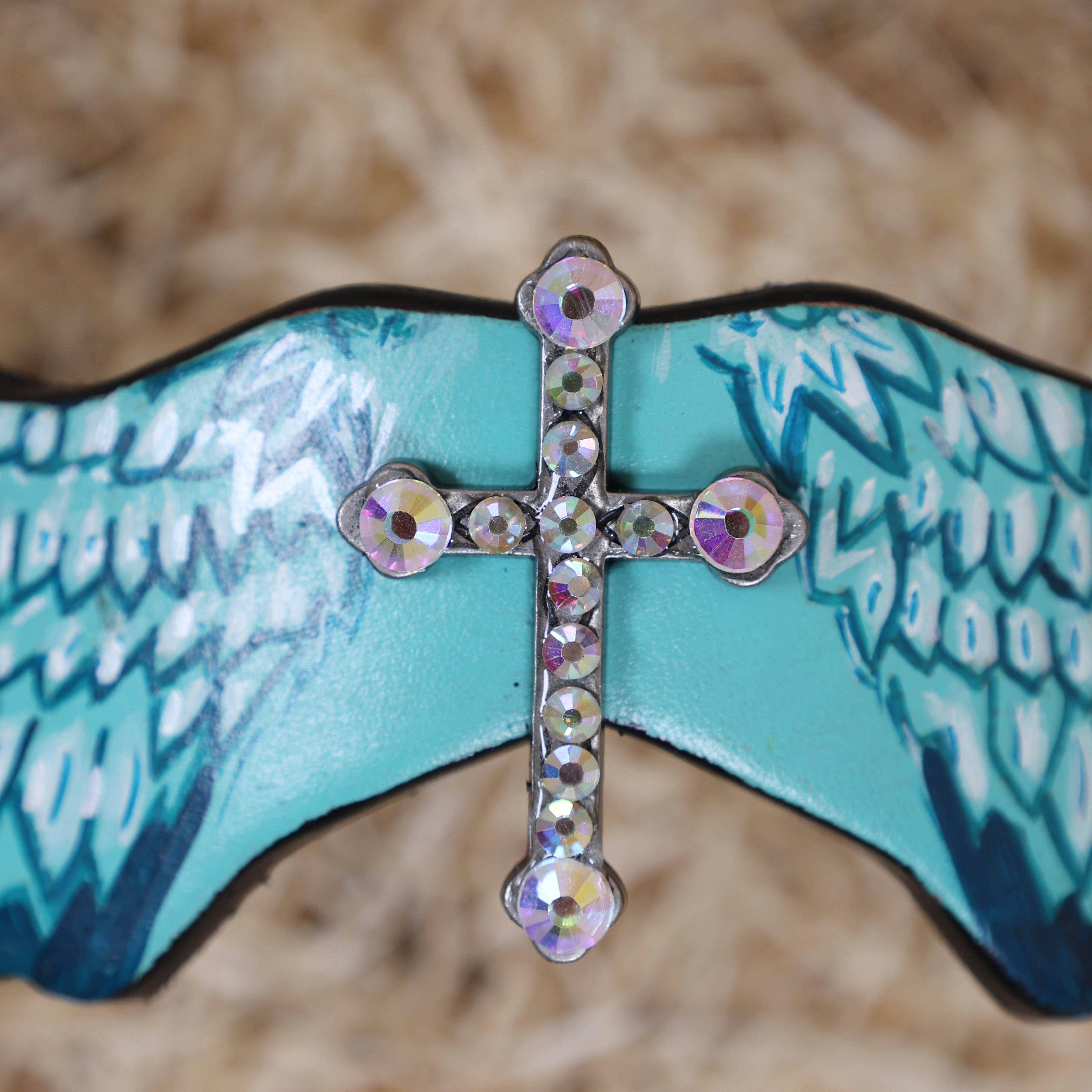 MOUSM Browband Headstall and Breast Collar Set – Made with Genuine Argentina Cow Leather, Featuring Hand-Painted Turquoise Angel Wings, Cross-Style Concho on Browband, Average Full Size Horse