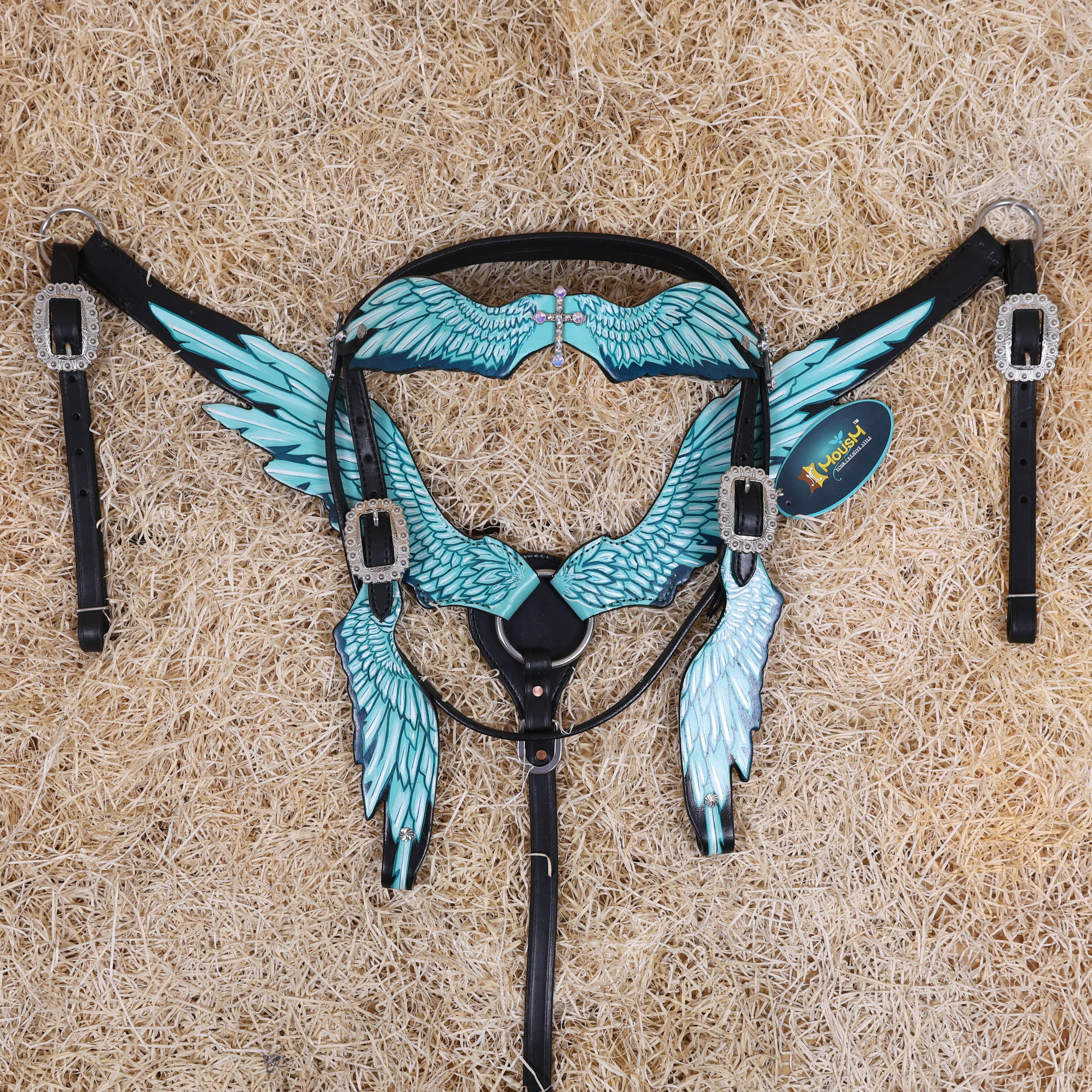 MOUSM Browband Headstall and Breast Collar Set – Made with Genuine Argentina Cow Leather, Featuring Hand-Painted Turquoise Angel Wings, Cross-Style Concho on Browband, Average Full Size Horse