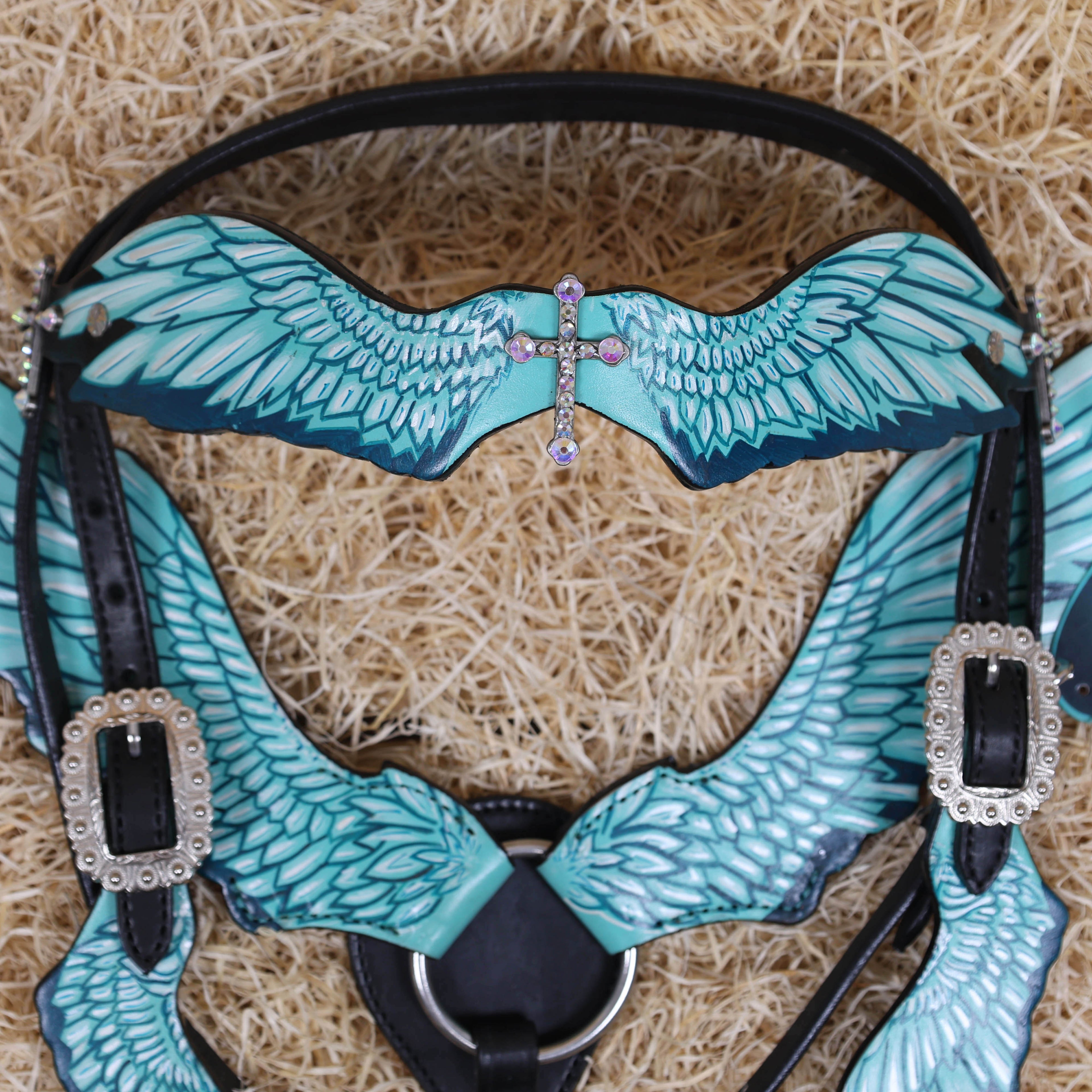 MOUSM Browband Headstall and Breast Collar Set – Made with Genuine Argentina Cow Leather, Featuring Hand-Painted Turquoise Angel Wings, Cross-Style Concho on Browband, Average Full Size Horse