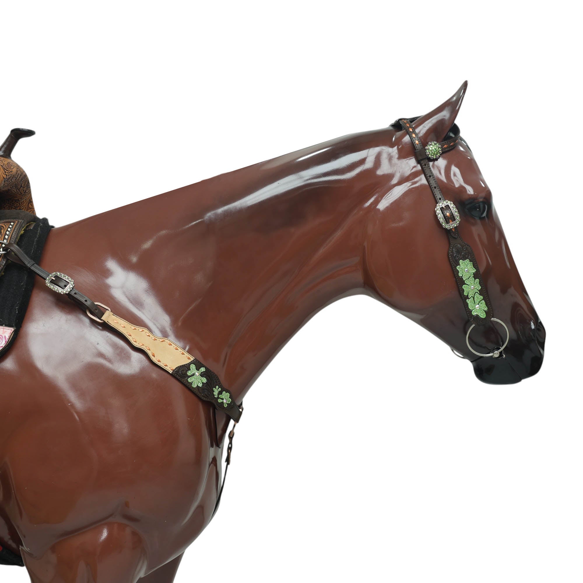 MOUSM Western Tack Set – Handcrafted from Genuine Argentina Cow Leather, Featuring Hand-Carved Floral Design Adorned with Lime Green Stones and Copper Backstitching on Both Headstall and Breast Collar