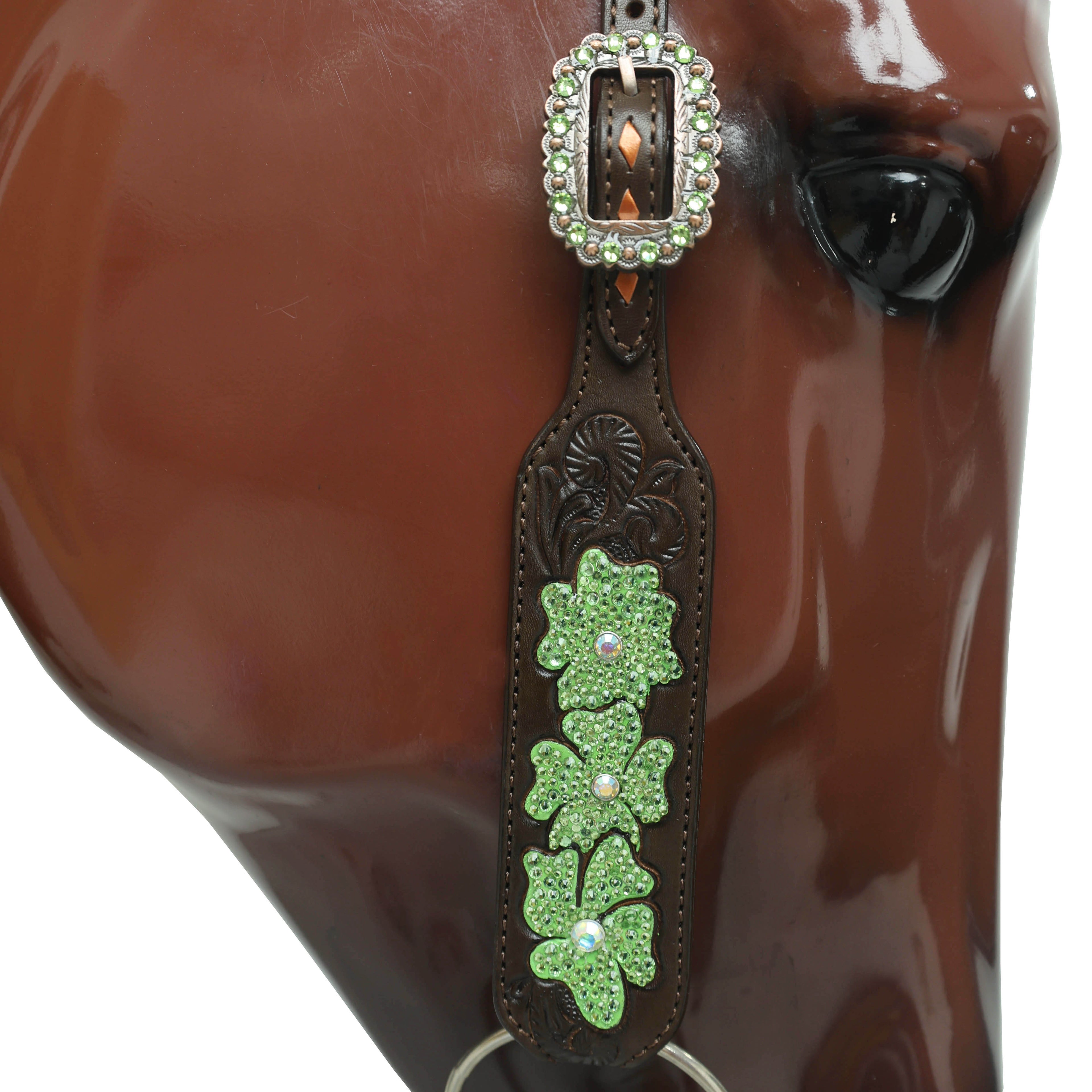 MOUSM Western Tack Set – Handcrafted from Genuine Argentina Cow Leather, Featuring Hand-Carved Floral Design Adorned with Lime Green Stones and Copper Backstitching on Both Headstall and Breast Collar