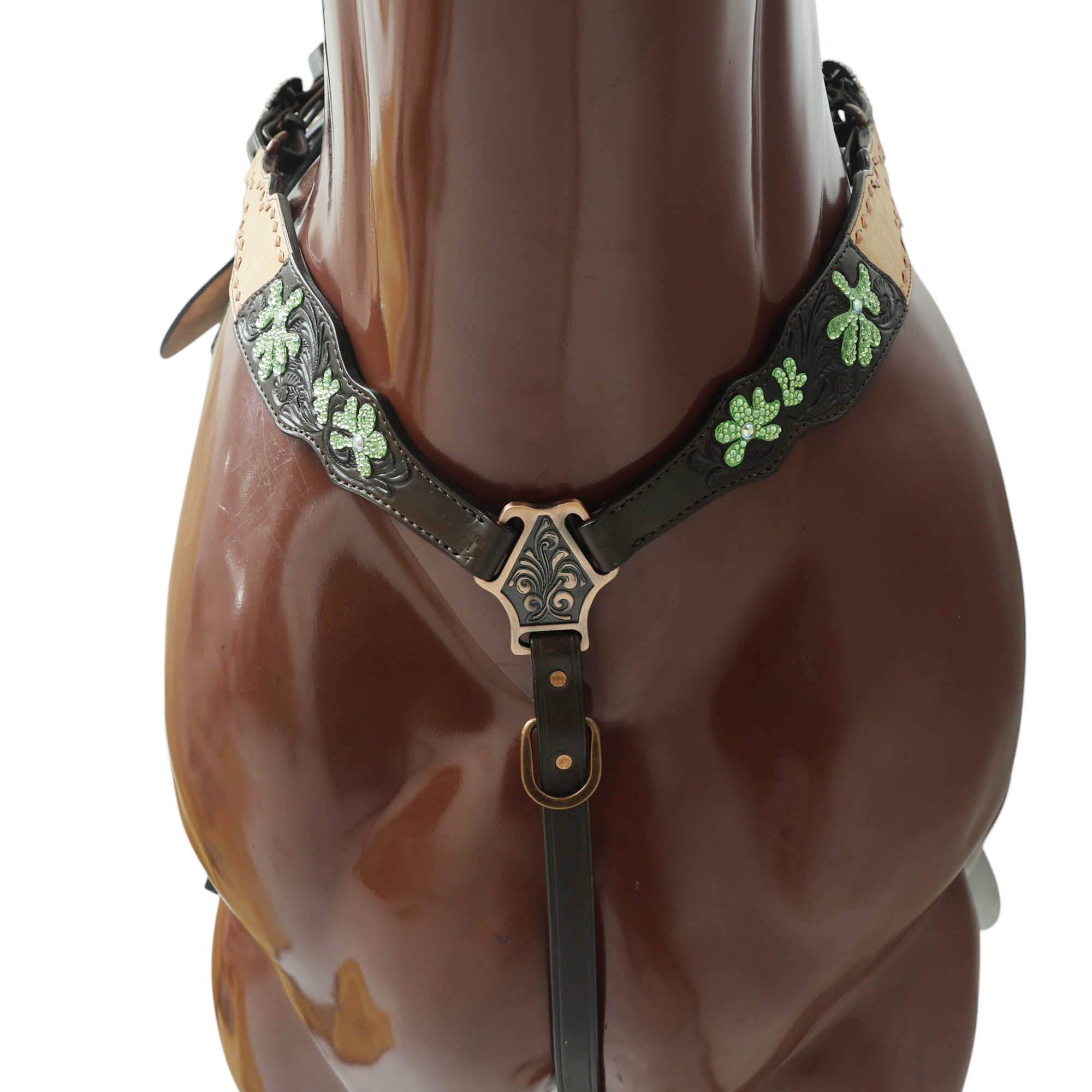 MOUSM Western Tack Set – Handcrafted from Genuine Argentina Cow Leather, Featuring Hand-Carved Floral Design Adorned with Lime Green Stones and Copper Backstitching on Both Headstall and Breast Collar