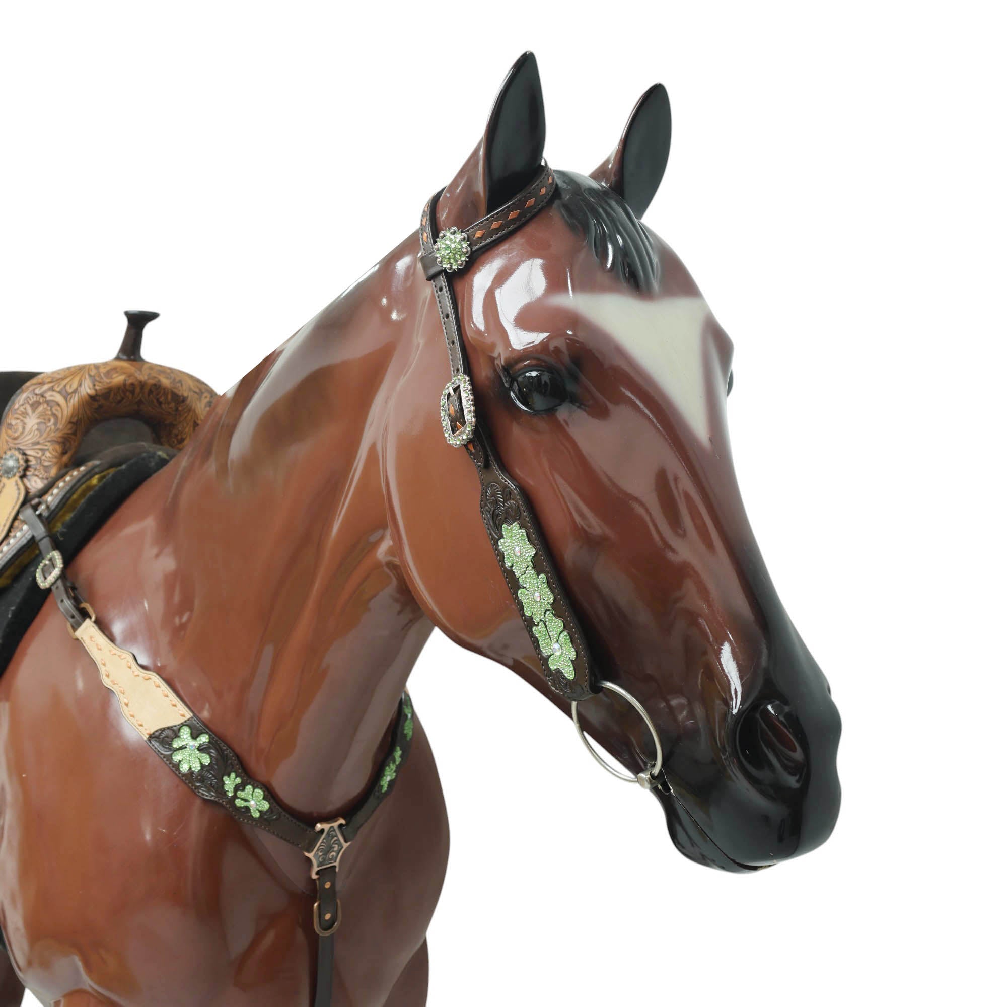 MOUSM Western Tack Set – Handcrafted from Genuine Argentina Cow Leather, Featuring Hand-Carved Floral Design Adorned with Lime Green Stones and Copper Backstitching on Both Headstall and Breast Collar