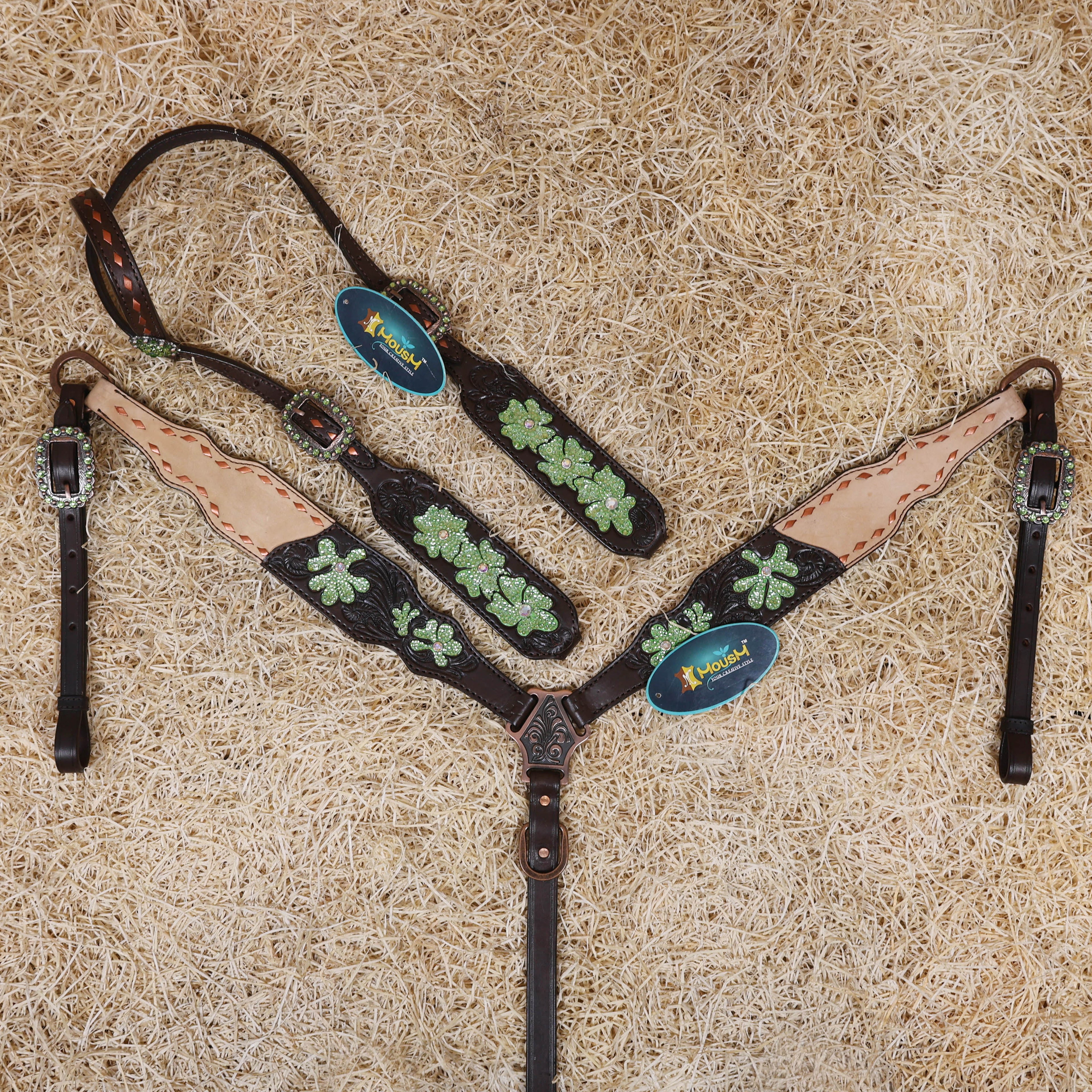 MOUSM Western Tack Set – Handcrafted from Genuine Argentina Cow Leather, Featuring Hand-Carved Floral Design Adorned with Lime Green Stones and Copper Backstitching on Both Headstall and Breast Collar