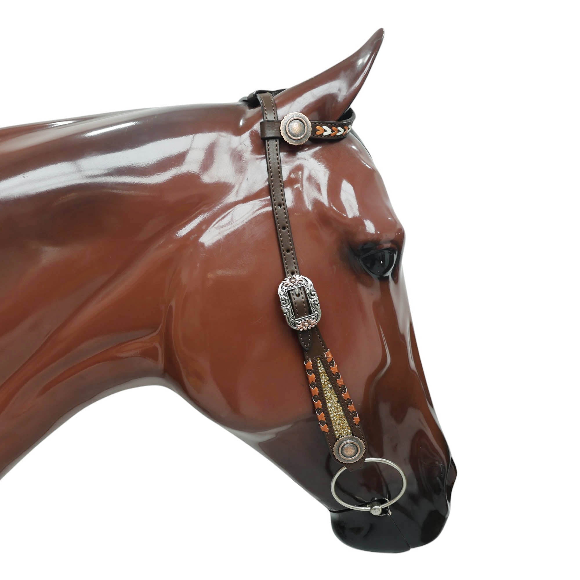 MOUSM Argentina Cow Leather Western Horse Tack Set – Featuring Desert Carving, Copper Rawhide Crisscross Braiding Along the Edges and Topaz Stones on Both Headstall and Breast Collar, Copper Engraved Flower Rope-Edge Conchos