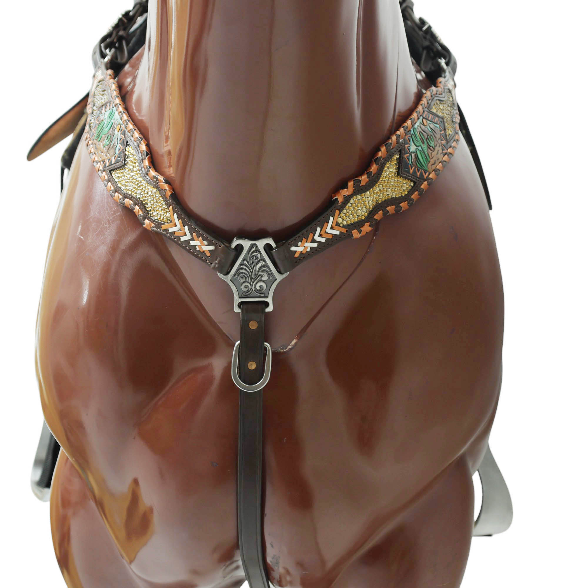 MOUSM Argentina Cow Leather Western Horse Tack Set – Featuring Desert Carving, Copper Rawhide Crisscross Braiding Along the Edges and Topaz Stones on Both Headstall and Breast Collar, Copper Engraved Flower Rope-Edge Conchos