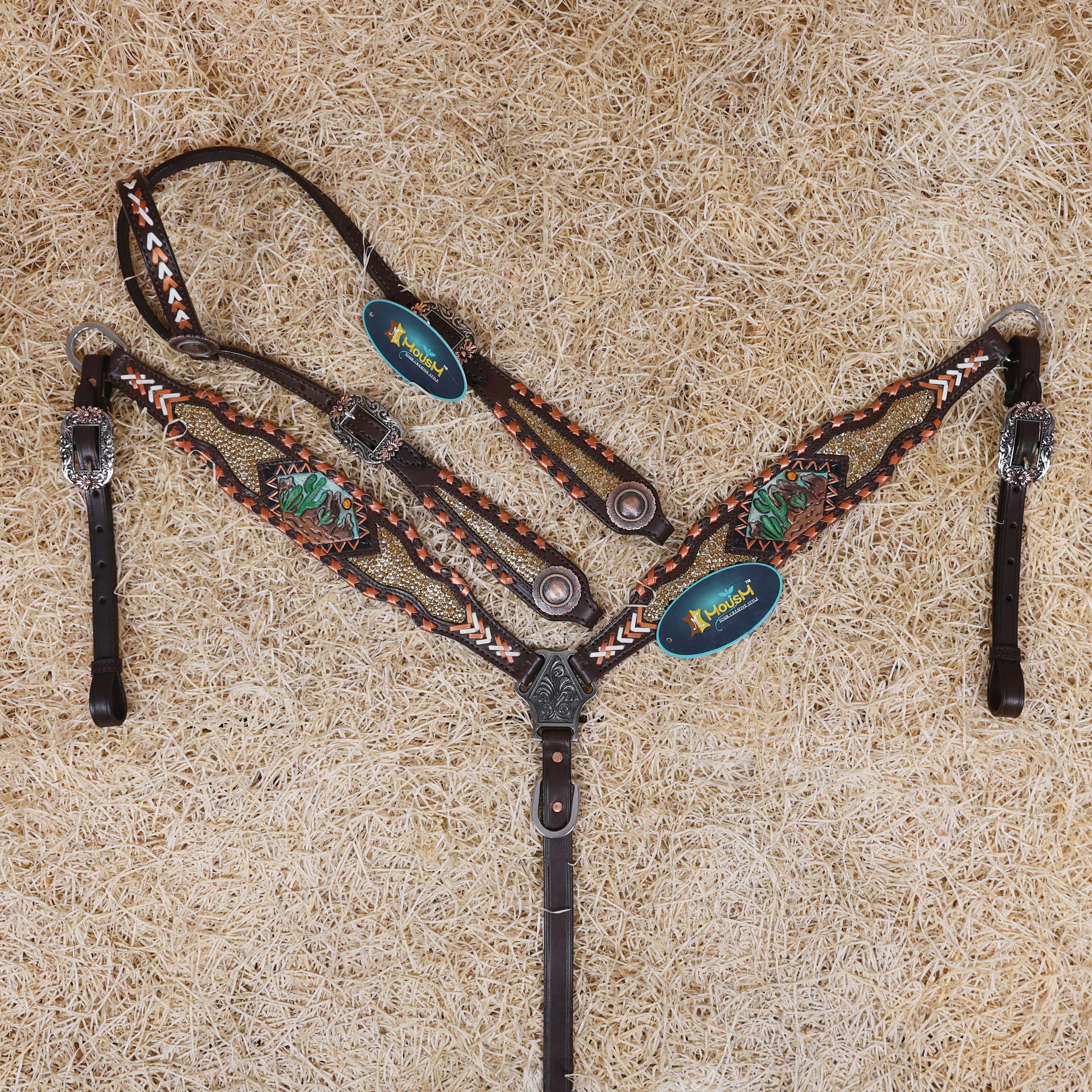 MOUSM Argentina Cow Leather Western Horse Tack Set – Featuring Desert Carving, Copper Rawhide Crisscross Braiding Along the Edges and Topaz Stones on Both Headstall and Breast Collar, Copper Engraved Flower Rope-Edge Conchos