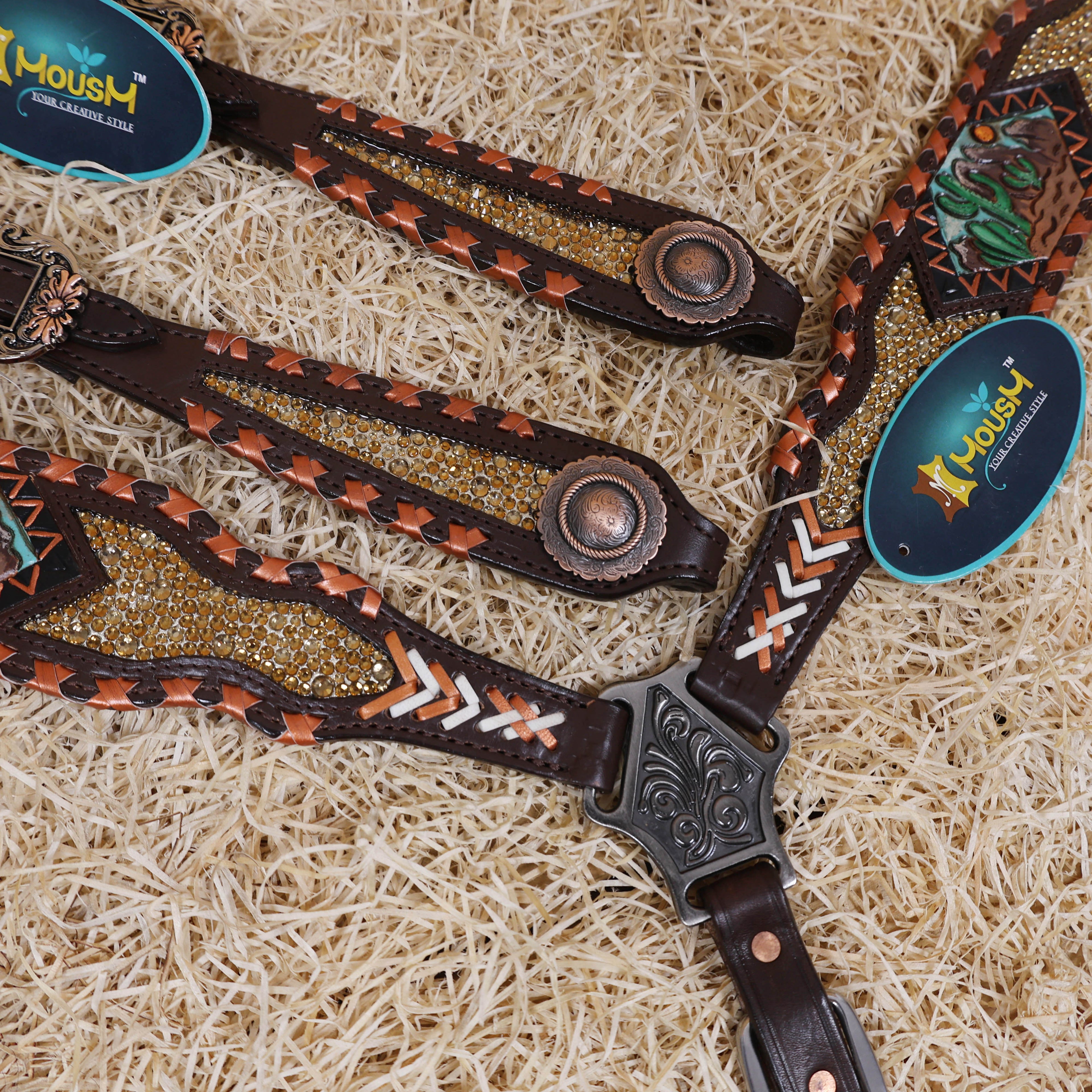MOUSM Argentina Cow Leather Western Horse Tack Set – Featuring Desert Carving, Copper Rawhide Crisscross Braiding Along the Edges and Topaz Stones on Both Headstall and Breast Collar, Copper Engraved Flower Rope-Edge Conchos