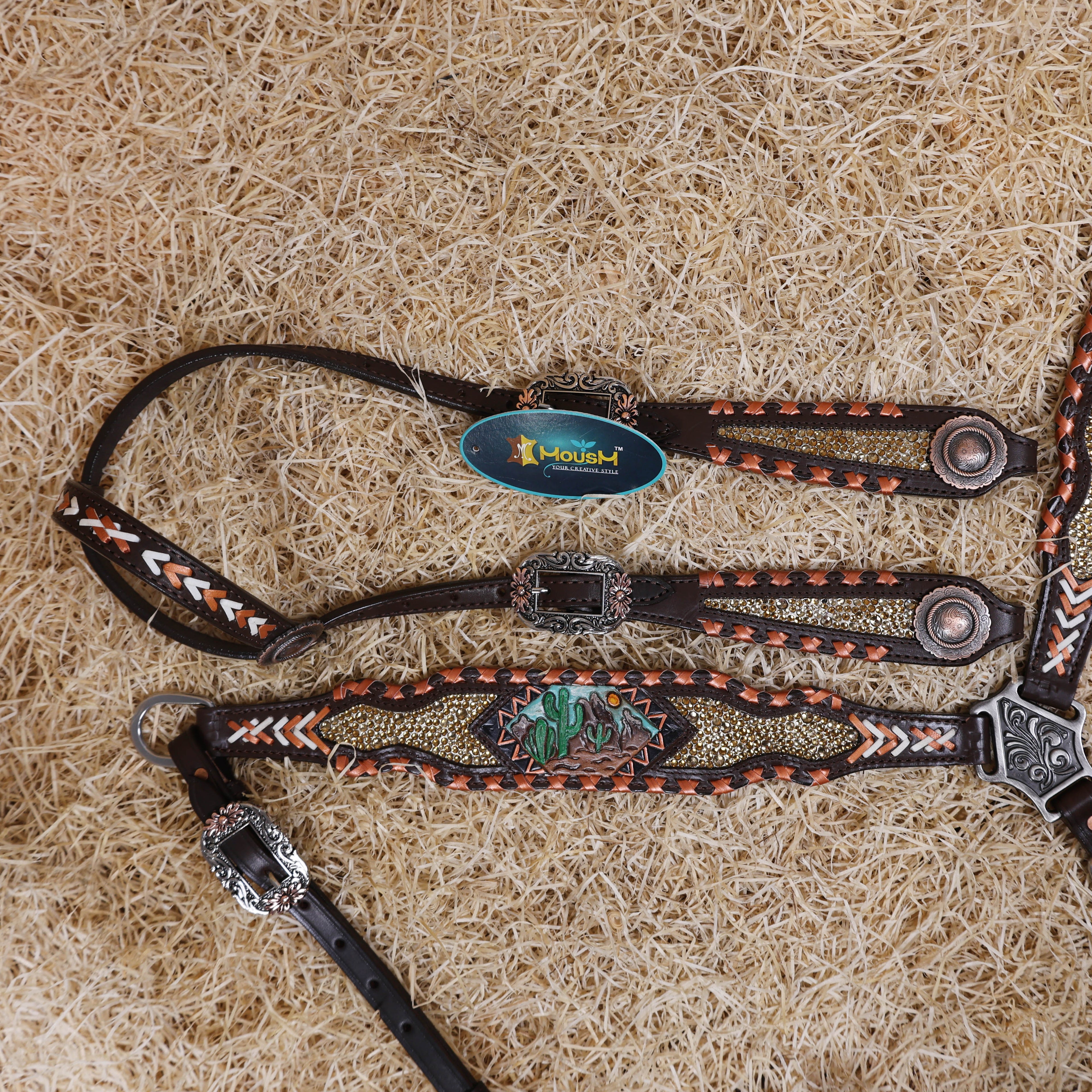 MOUSM Argentina Cow Leather Western Horse Tack Set – Featuring Desert Carving, Copper Rawhide Crisscross Braiding Along the Edges and Topaz Stones on Both Headstall and Breast Collar, Copper Engraved Flower Rope-Edge Conchos