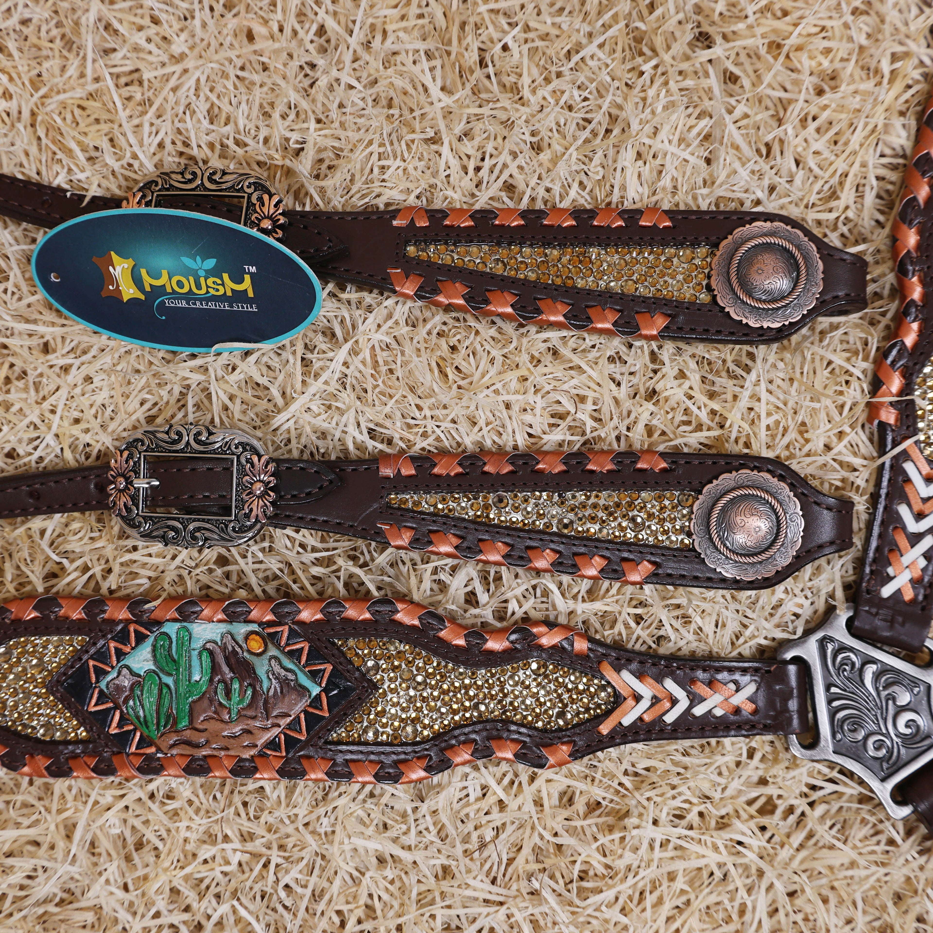 MOUSM Argentina Cow Leather Western Horse Tack Set – Featuring Desert Carving, Copper Rawhide Crisscross Braiding Along the Edges and Topaz Stones on Both Headstall and Breast Collar, Copper Engraved Flower Rope-Edge Conchos