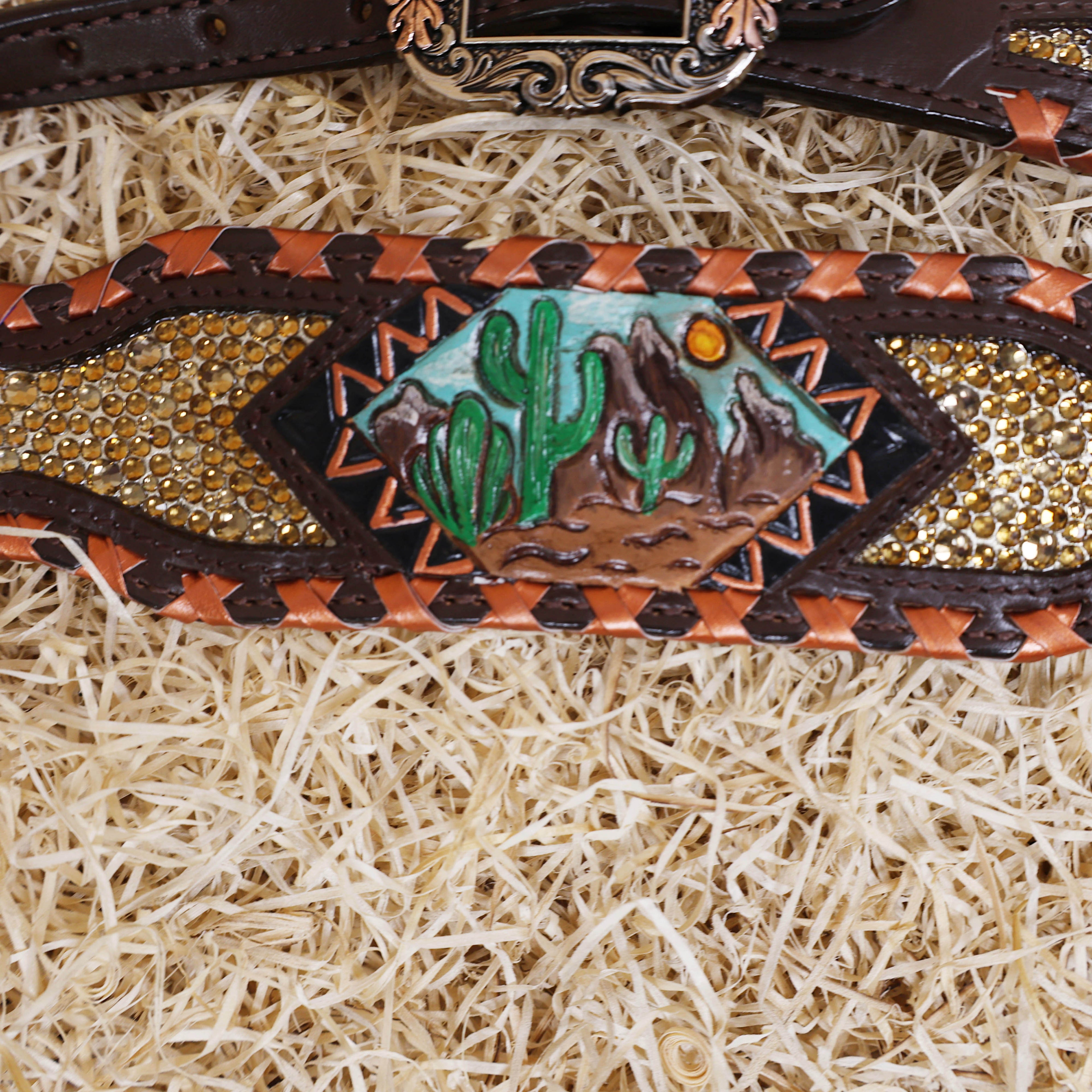 MOUSM Argentina Cow Leather Western Horse Tack Set – Featuring Desert Carving, Copper Rawhide Crisscross Braiding Along the Edges and Topaz Stones on Both Headstall and Breast Collar, Copper Engraved Flower Rope-Edge Conchos