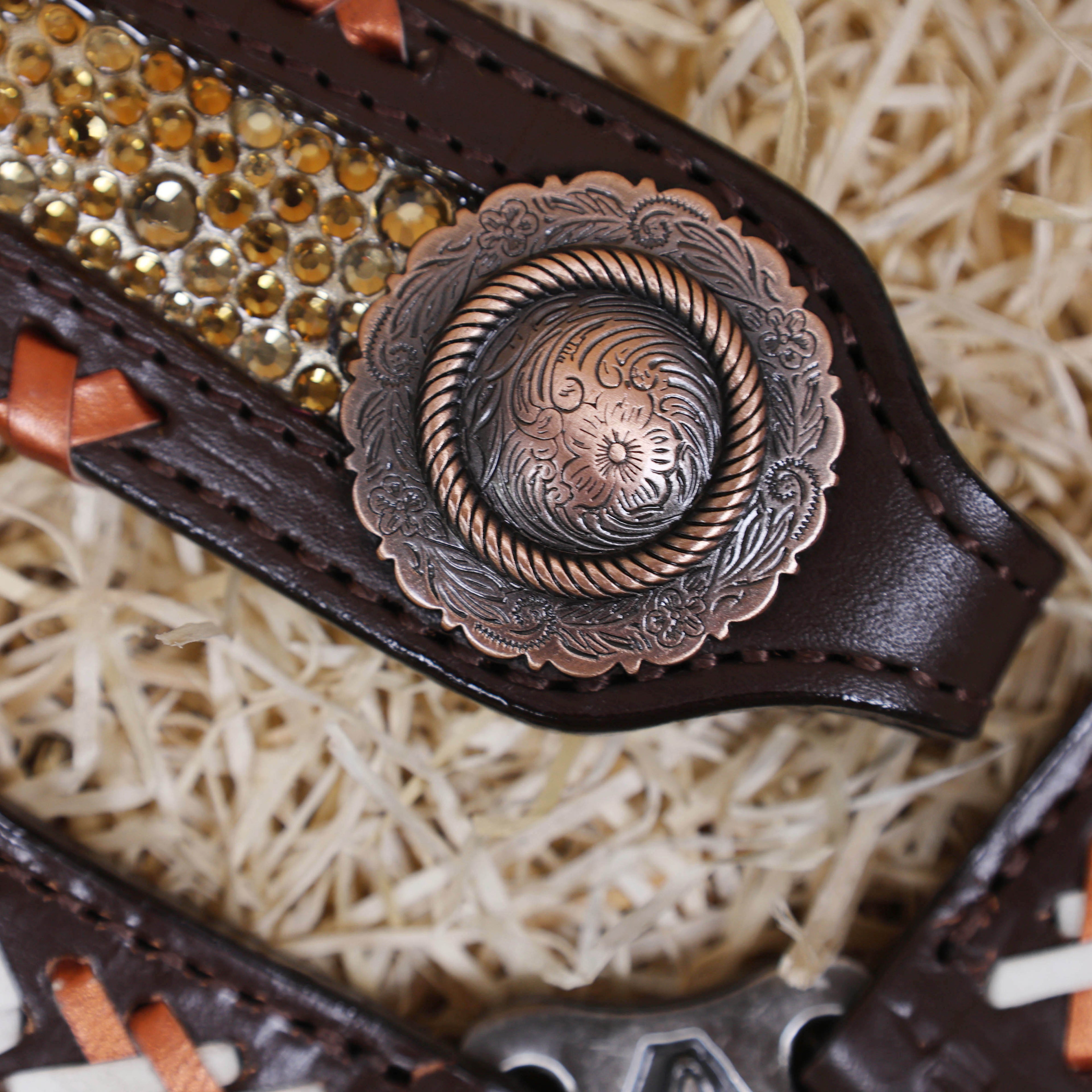 MOUSM Argentina Cow Leather Western Horse Tack Set – Featuring Desert Carving, Copper Rawhide Crisscross Braiding Along the Edges and Topaz Stones on Both Headstall and Breast Collar, Copper Engraved Flower Rope-Edge Conchos