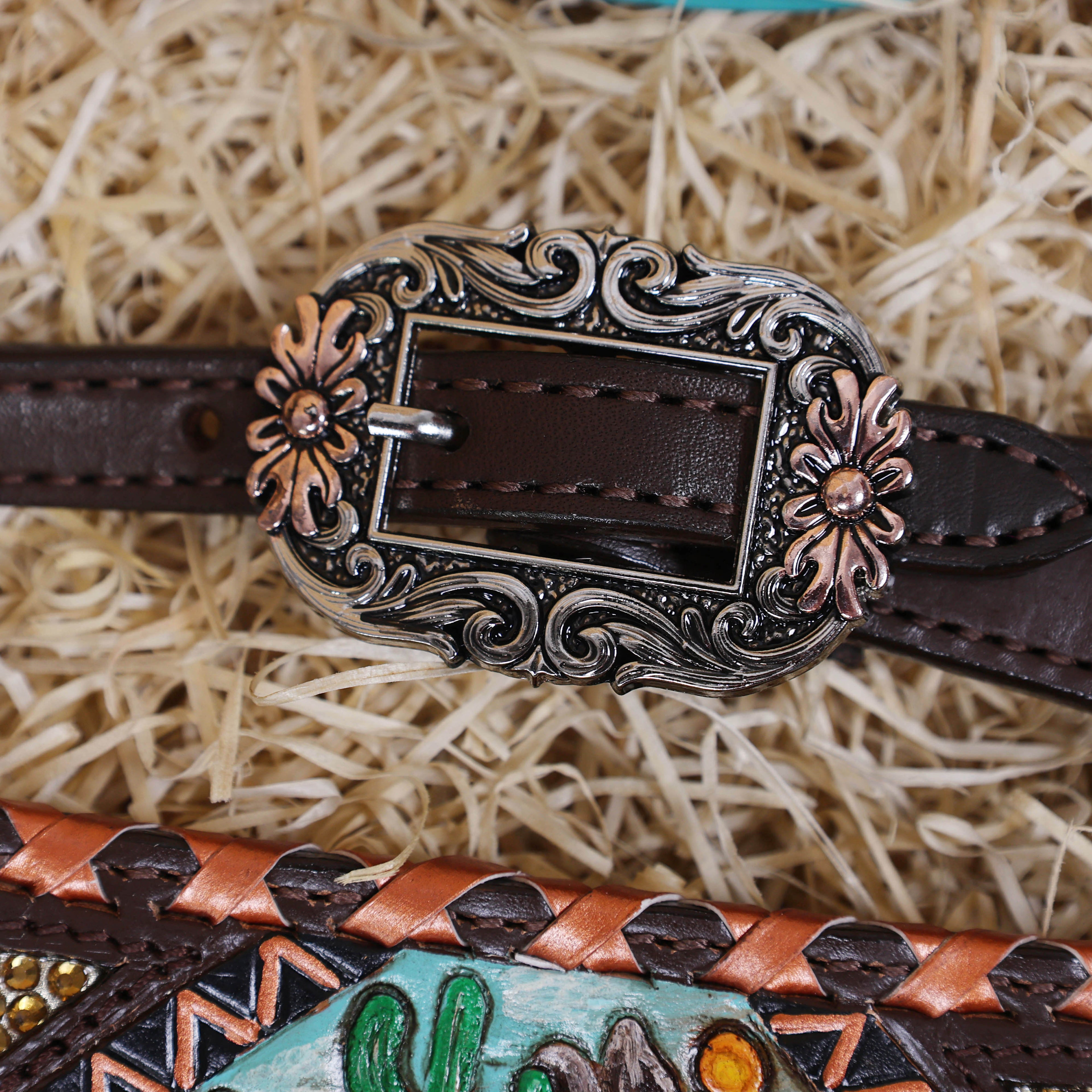 MOUSM Argentina Cow Leather Western Horse Tack Set – Featuring Desert Carving, Copper Rawhide Crisscross Braiding Along the Edges and Topaz Stones on Both Headstall and Breast Collar, Copper Engraved Flower Rope-Edge Conchos