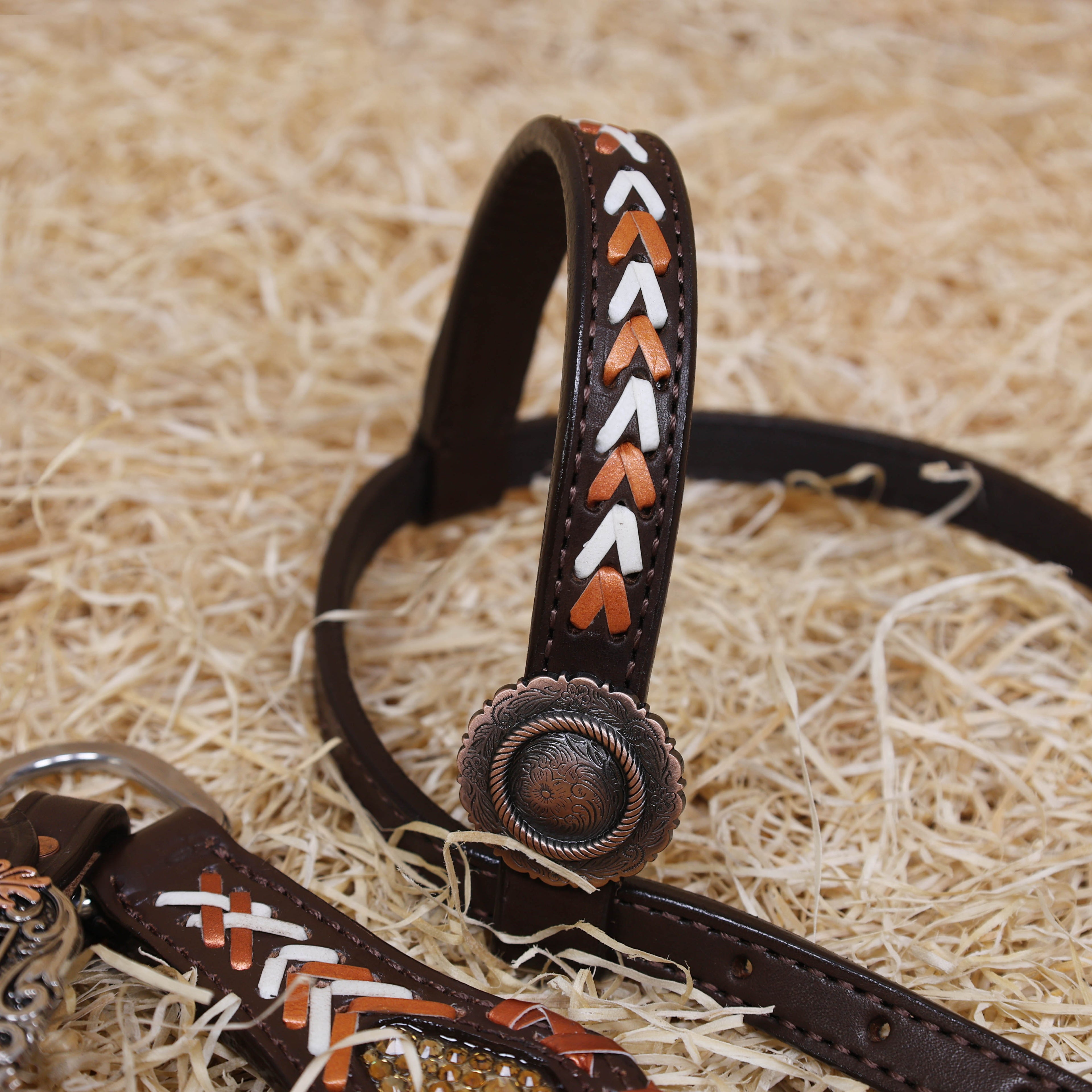 MOUSM Argentina Cow Leather Western Horse Tack Set – Featuring Desert Carving, Copper Rawhide Crisscross Braiding Along the Edges and Topaz Stones on Both Headstall and Breast Collar, Copper Engraved Flower Rope-Edge Conchos