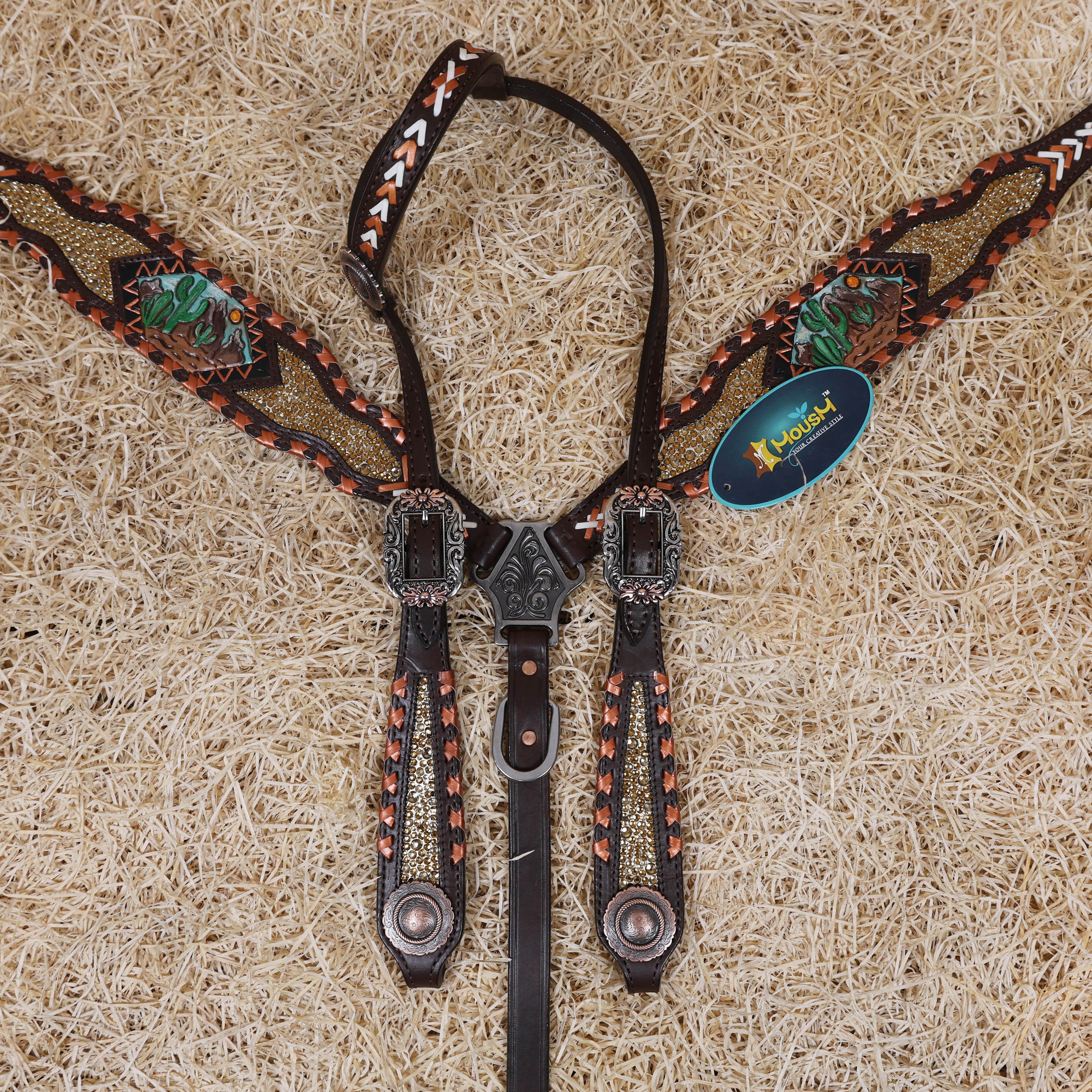 MOUSM Argentina Cow Leather Western Horse Tack Set – Featuring Desert Carving, Copper Rawhide Crisscross Braiding Along the Edges and Topaz Stones on Both Headstall and Breast Collar, Copper Engraved Flower Rope-Edge Conchos