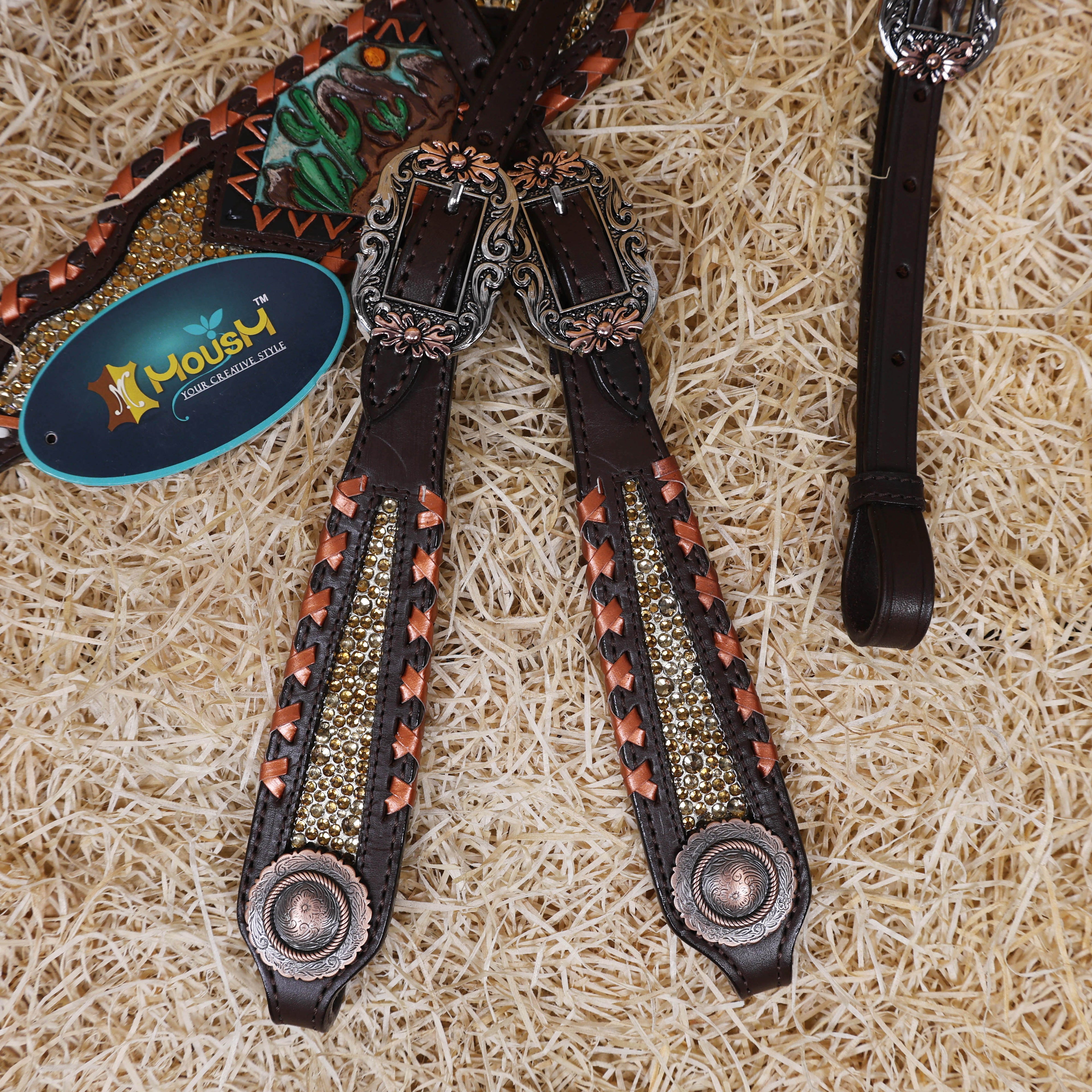 MOUSM Argentina Cow Leather Western Horse Tack Set – Featuring Desert Carving, Copper Rawhide Crisscross Braiding Along the Edges and Topaz Stones on Both Headstall and Breast Collar, Copper Engraved Flower Rope-Edge Conchos