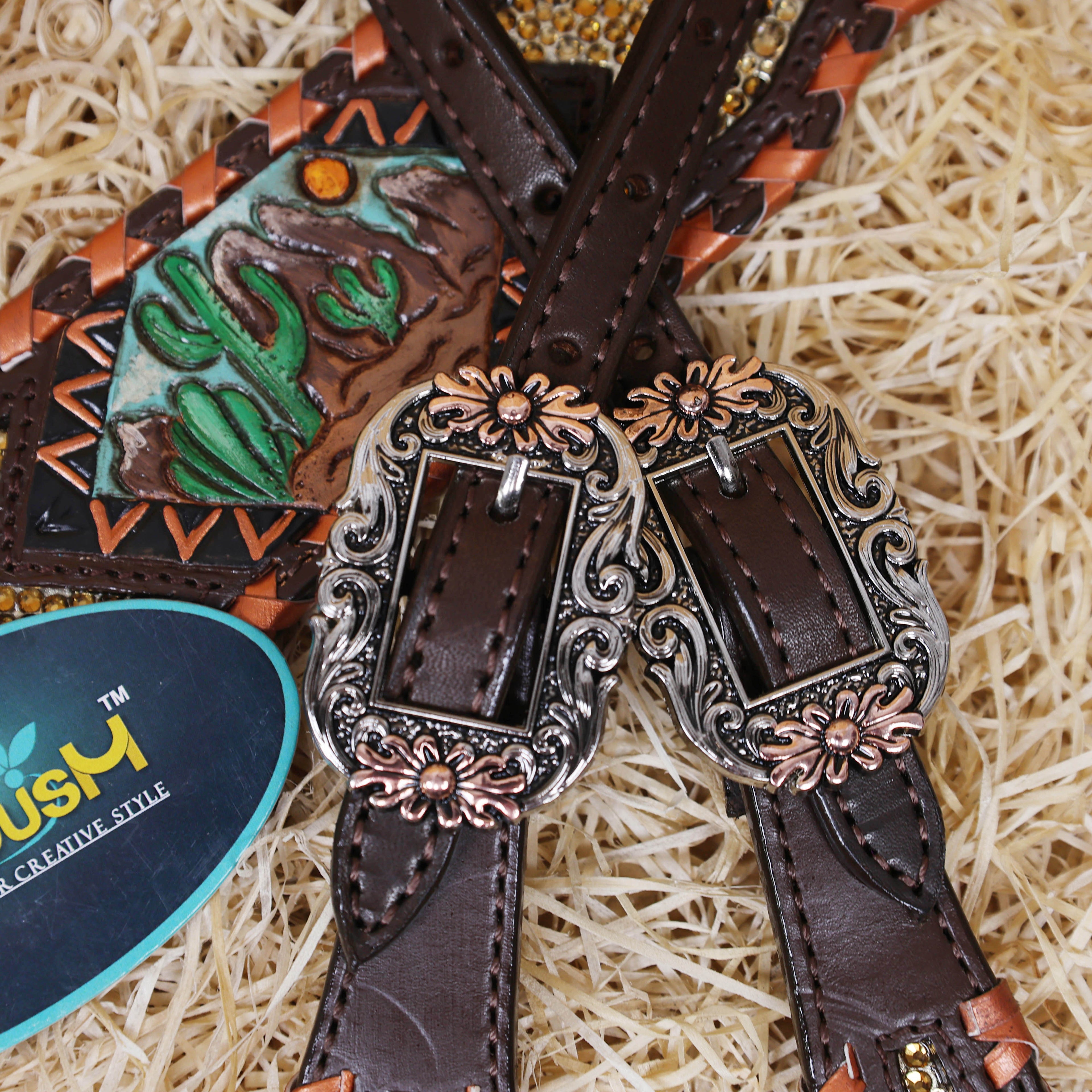 MOUSM Argentina Cow Leather Western Horse Tack Set – Featuring Desert Carving, Copper Rawhide Crisscross Braiding Along the Edges and Topaz Stones on Both Headstall and Breast Collar, Copper Engraved Flower Rope-Edge Conchos