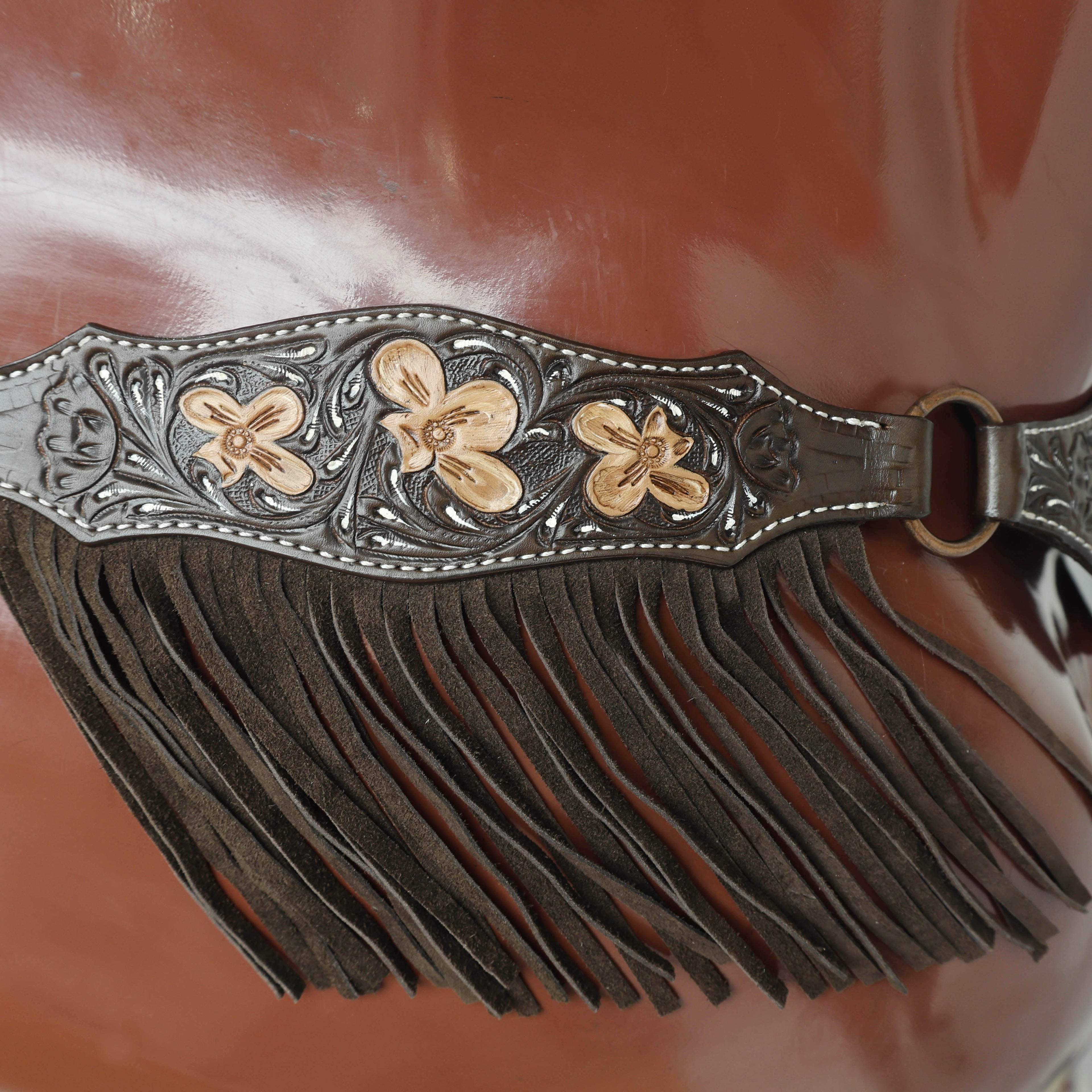 MOUSM Western Headstall and Breast Collar - Made with Argentina Cow Leather Decorated with Flower Hand Tooled Design with Brown Fringe, All Antique Copper Hardware, Average Full-Size Horses