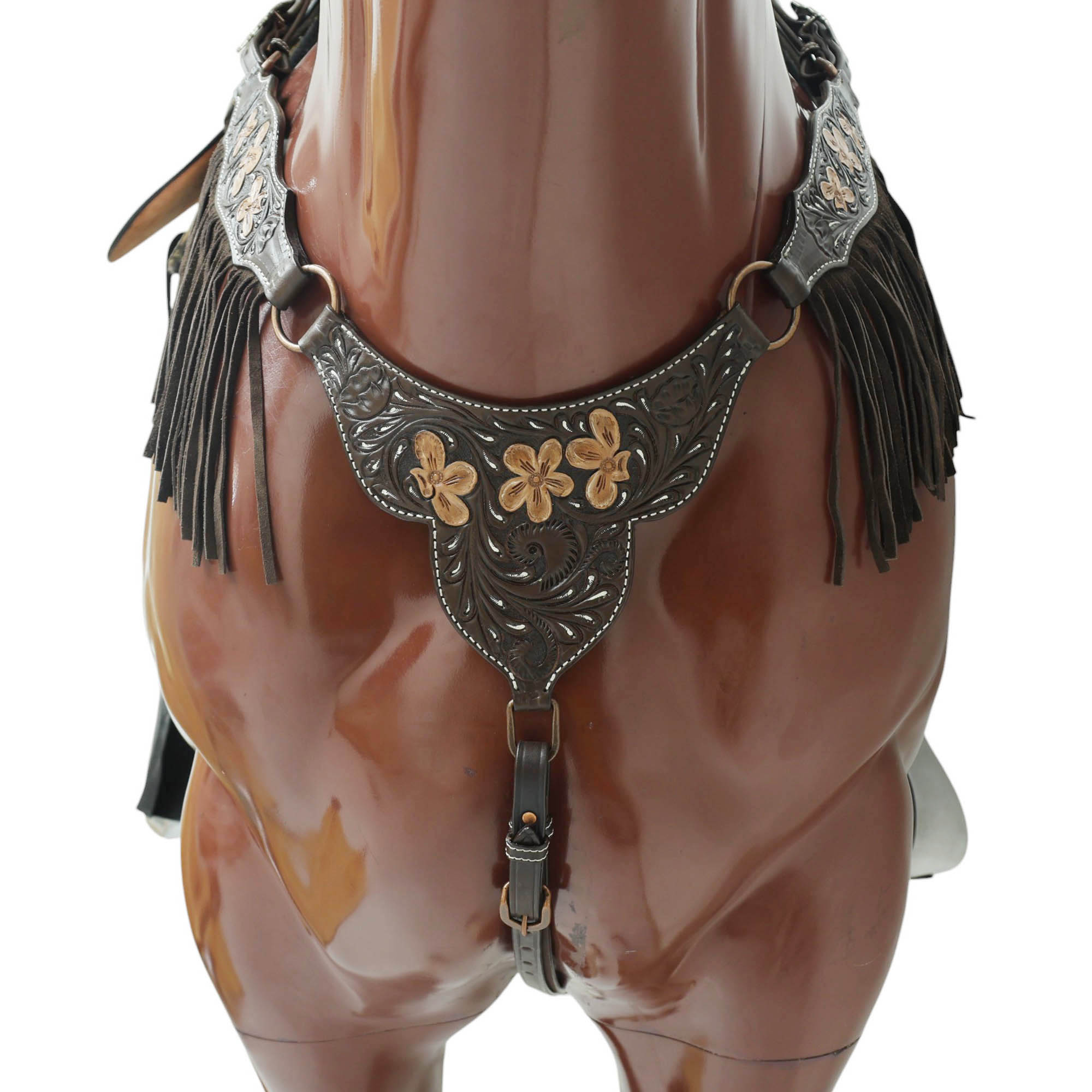 MOUSM Western Headstall and Breast Collar - Made with Argentina Cow Leather Decorated with Flower Hand Tooled Design with Brown Fringe, All Antique Copper Hardware, Average Full-Size Horses