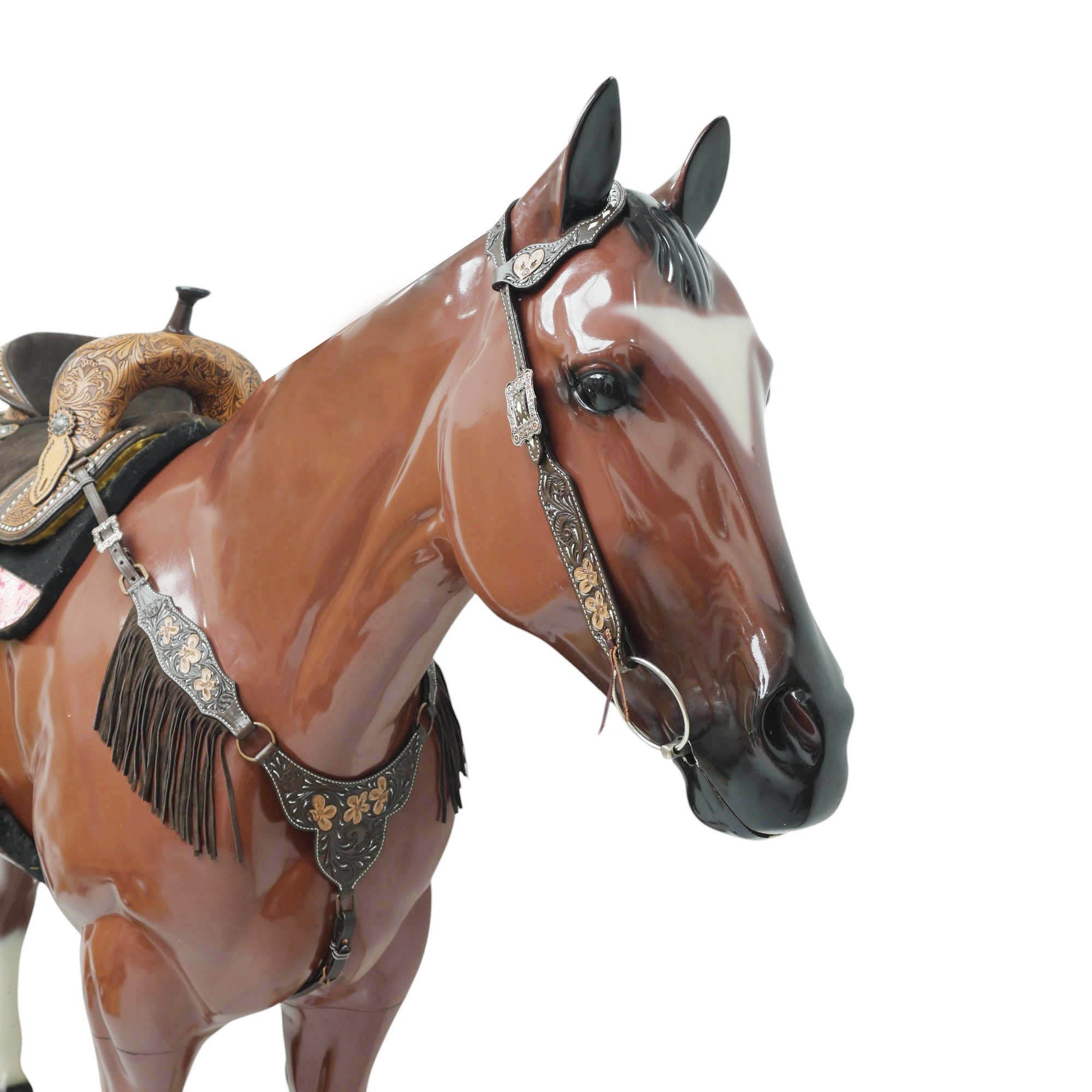 MOUSM Western Headstall and Breast Collar - Made with Argentina Cow Leather Decorated with Flower Hand Tooled Design with Brown Fringe, All Antique Copper Hardware, Average Full-Size Horses