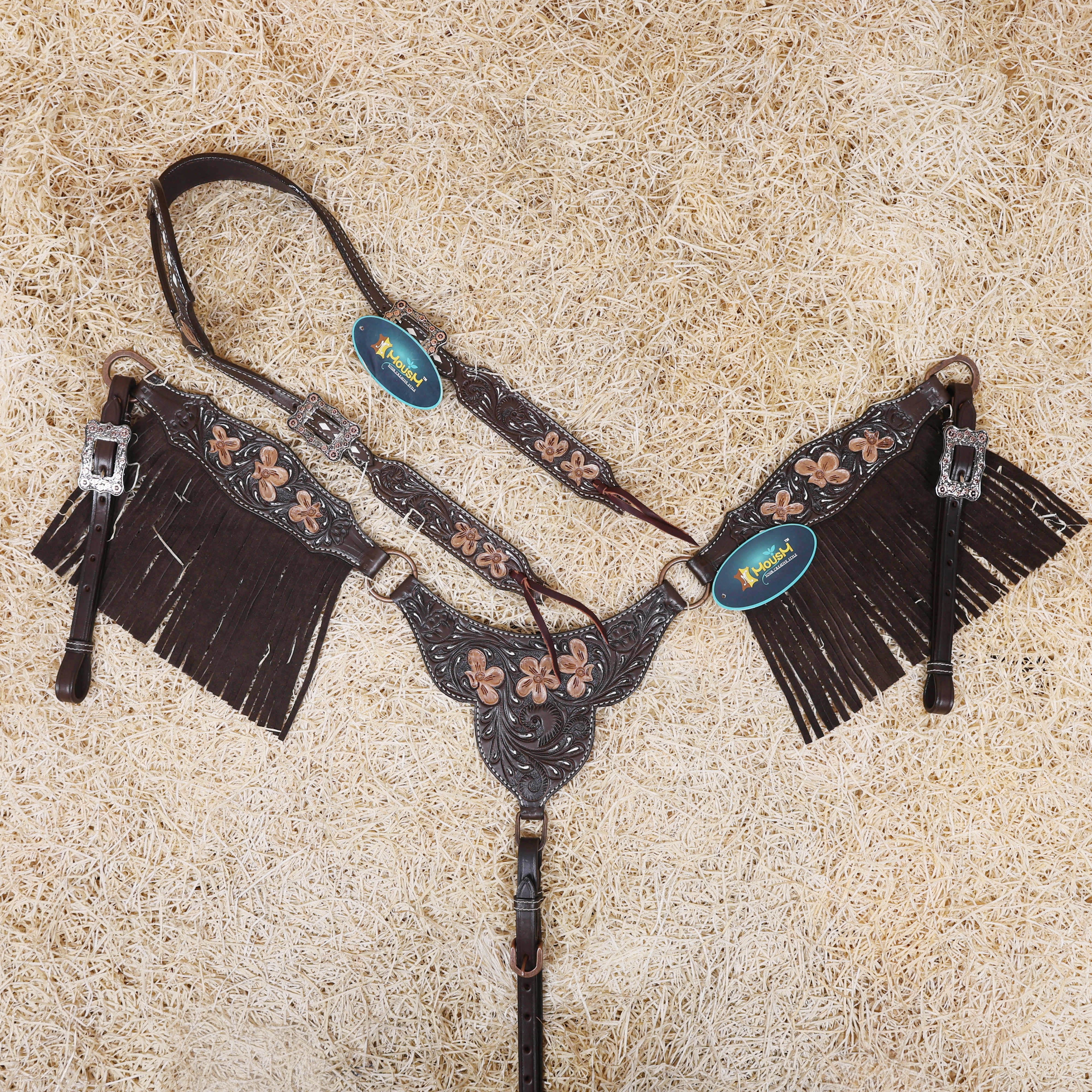 MOUSM Western Headstall and Breast Collar - Made with Argentina Cow Leather Decorated with Flower Hand Tooled Design with Brown Fringe, All Antique Copper Hardware, Average Full-Size Horses