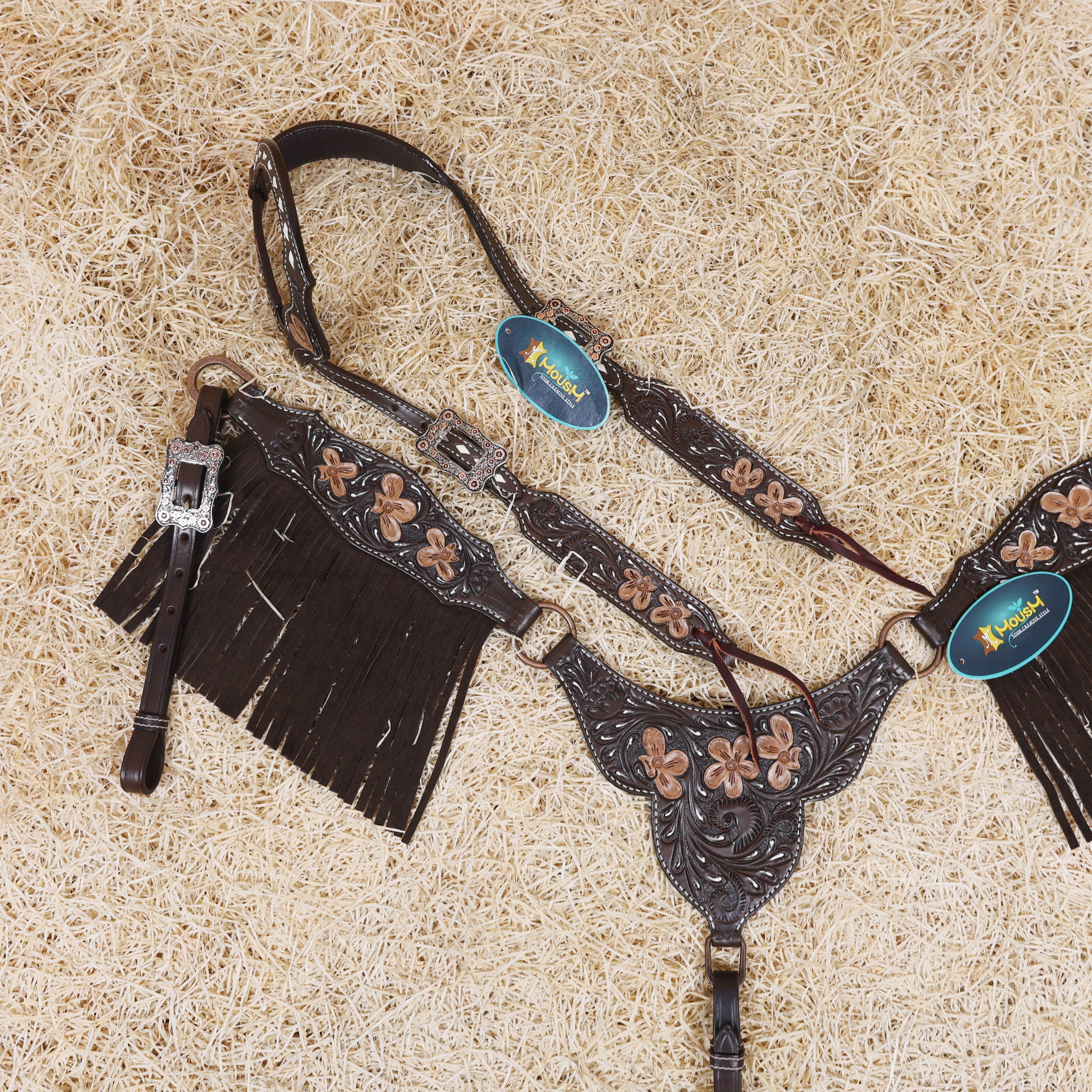 MOUSM Western Headstall and Breast Collar - Made with Argentina Cow Leather Decorated with Flower Hand Tooled Design with Brown Fringe, All Antique Copper Hardware, Average Full-Size Horses
