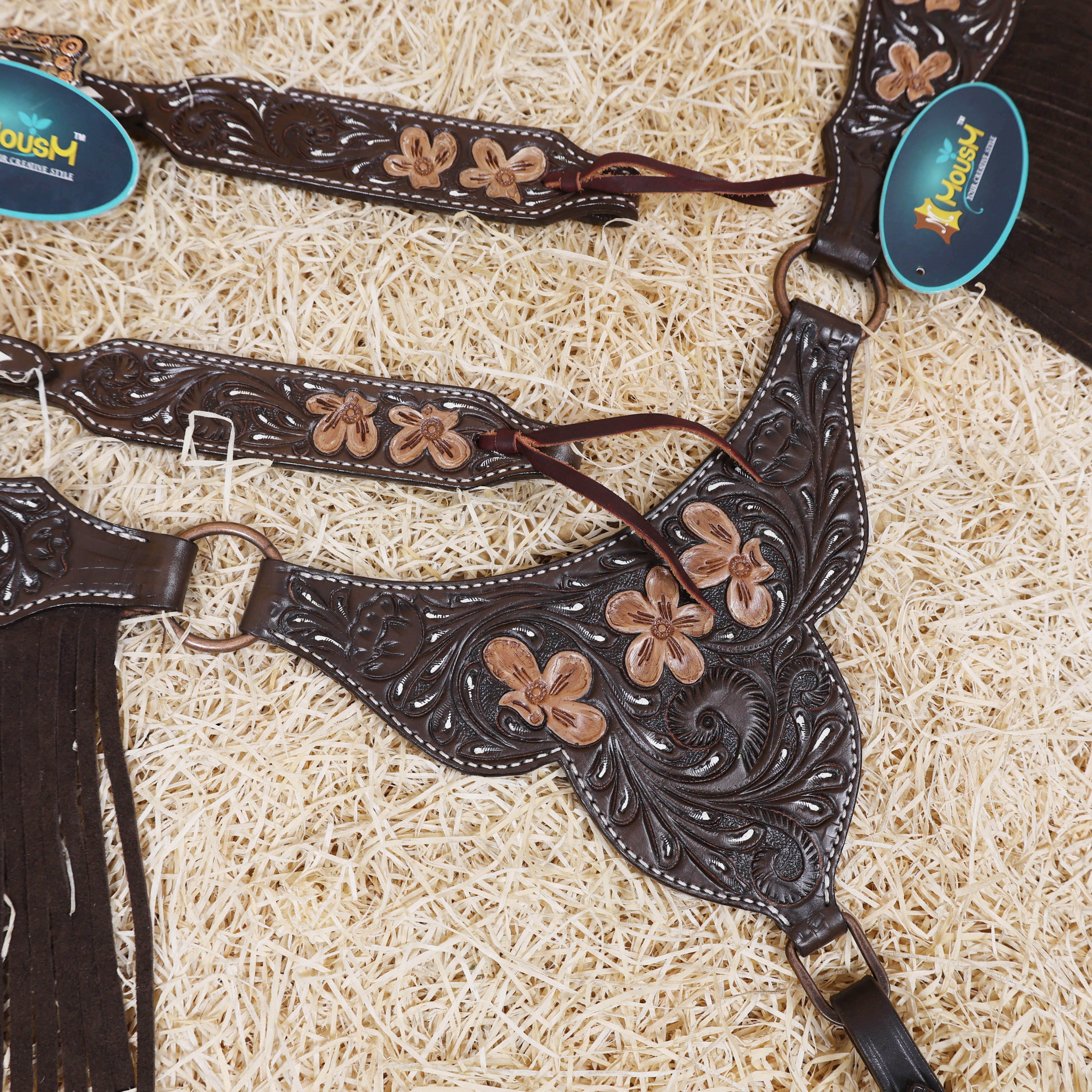MOUSM Western Headstall and Breast Collar - Made with Argentina Cow Leather Decorated with Flower Hand Tooled Design with Brown Fringe, All Antique Copper Hardware, Average Full-Size Horses