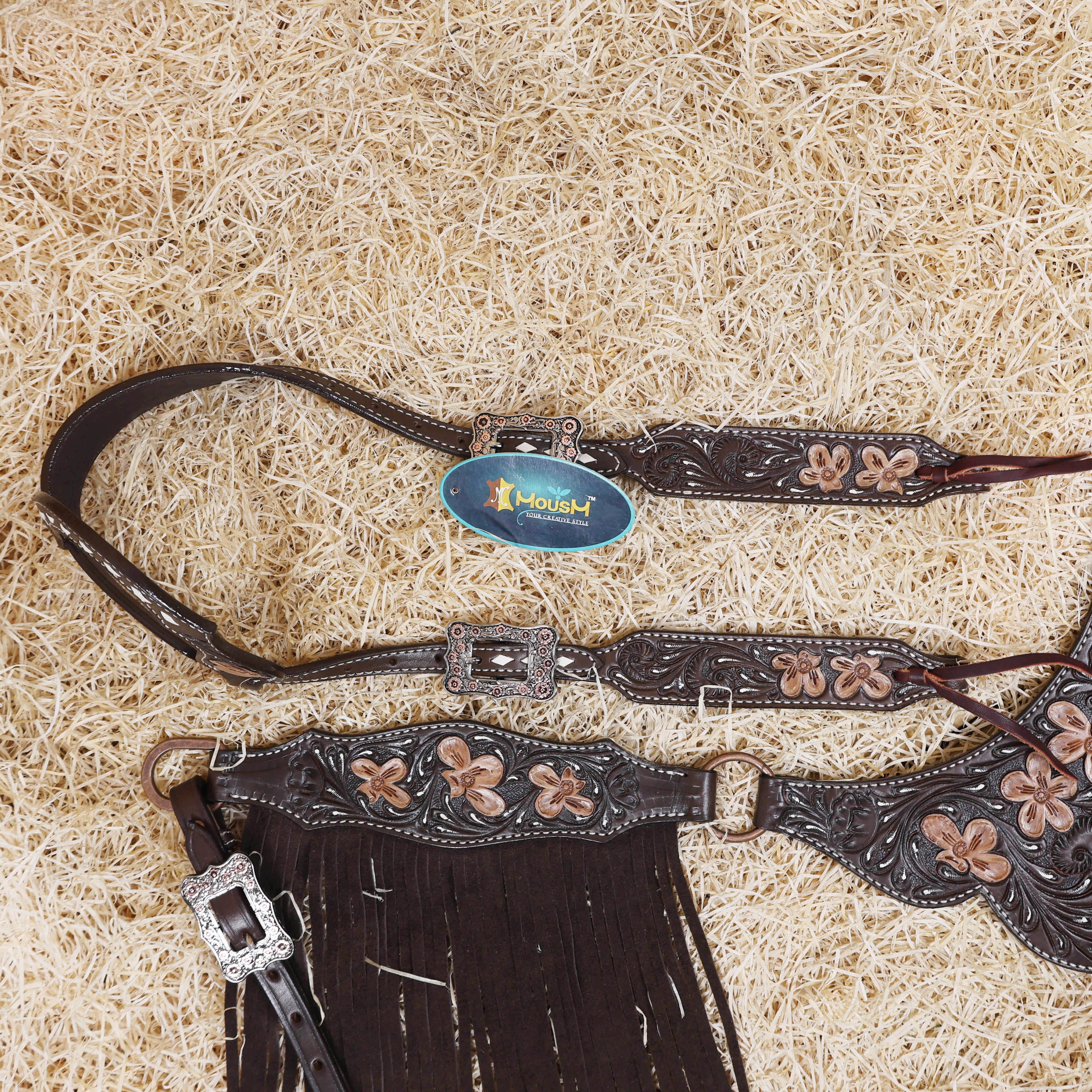 MOUSM Western Headstall and Breast Collar - Made with Argentina Cow Leather Decorated with Flower Hand Tooled Design with Brown Fringe, All Antique Copper Hardware, Average Full-Size Horses