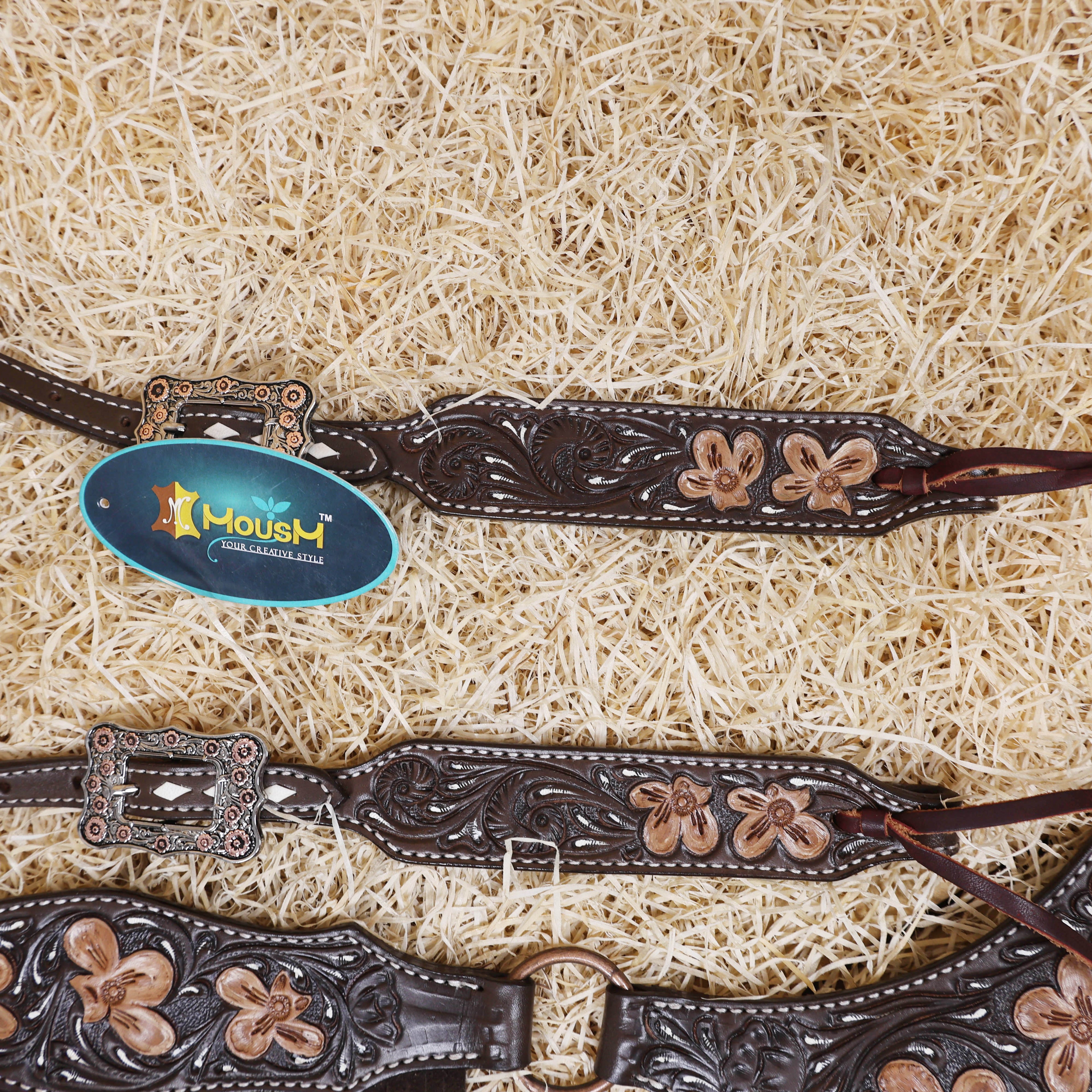 MOUSM Western Headstall and Breast Collar - Made with Argentina Cow Leather Decorated with Flower Hand Tooled Design with Brown Fringe, All Antique Copper Hardware, Average Full-Size Horses