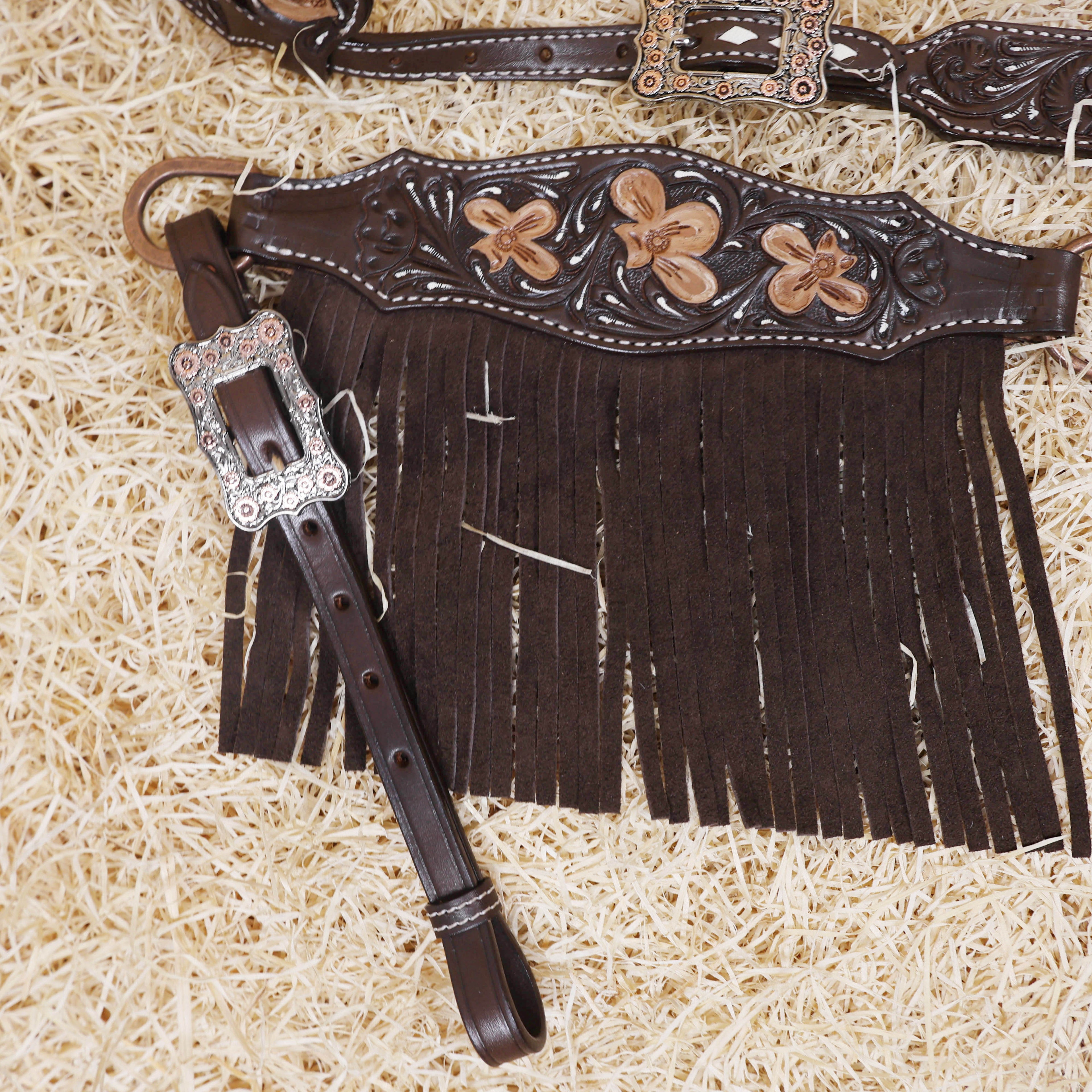 MOUSM Western Headstall and Breast Collar - Made with Argentina Cow Leather Decorated with Flower Hand Tooled Design with Brown Fringe, All Antique Copper Hardware, Average Full-Size Horses