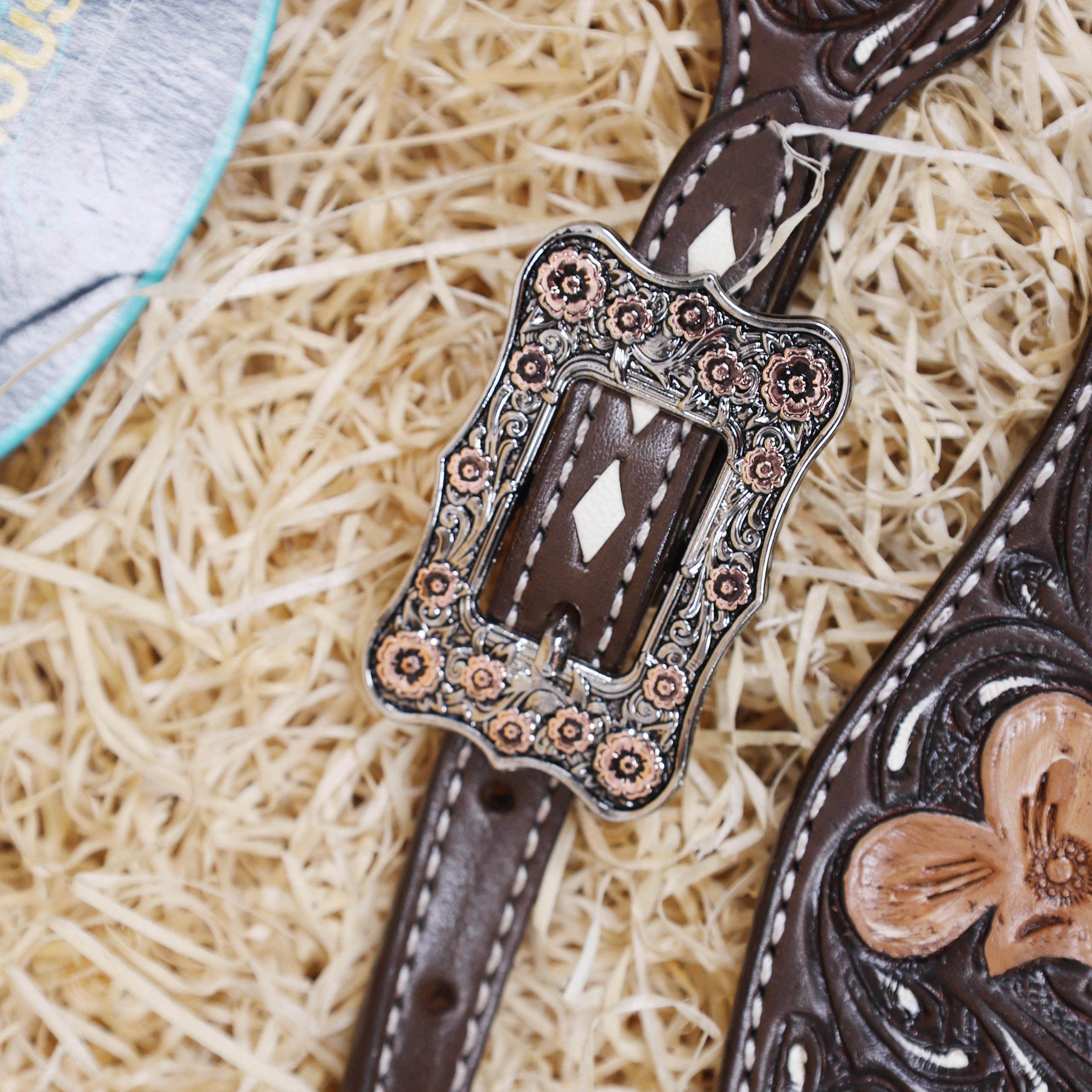 MOUSM Western Headstall and Breast Collar - Made with Argentina Cow Leather Decorated with Flower Hand Tooled Design with Brown Fringe, All Antique Copper Hardware, Average Full-Size Horses
