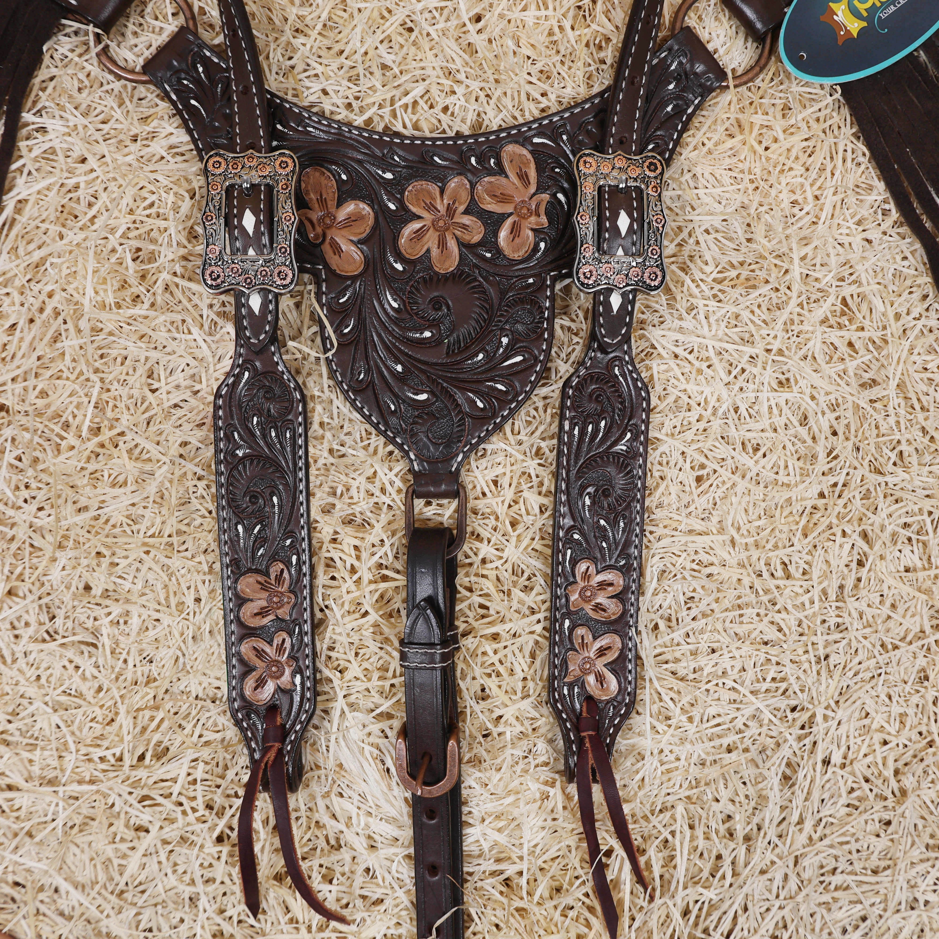 MOUSM Western Headstall and Breast Collar - Made with Argentina Cow Leather Decorated with Flower Hand Tooled Design with Brown Fringe, All Antique Copper Hardware, Average Full-Size Horses