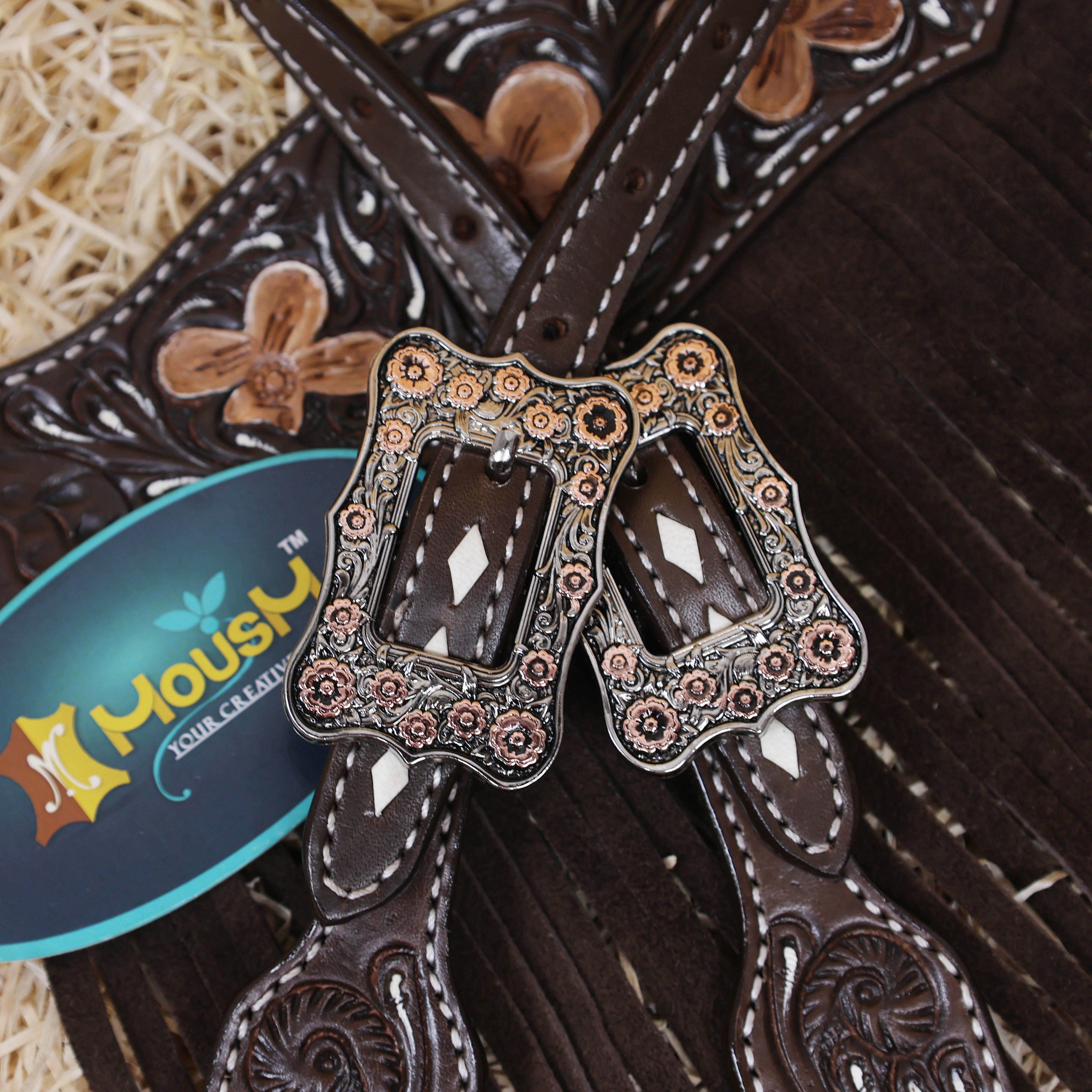 MOUSM Western Headstall and Breast Collar - Made with Argentina Cow Leather Decorated with Flower Hand Tooled Design with Brown Fringe, All Antique Copper Hardware, Average Full-Size Horses