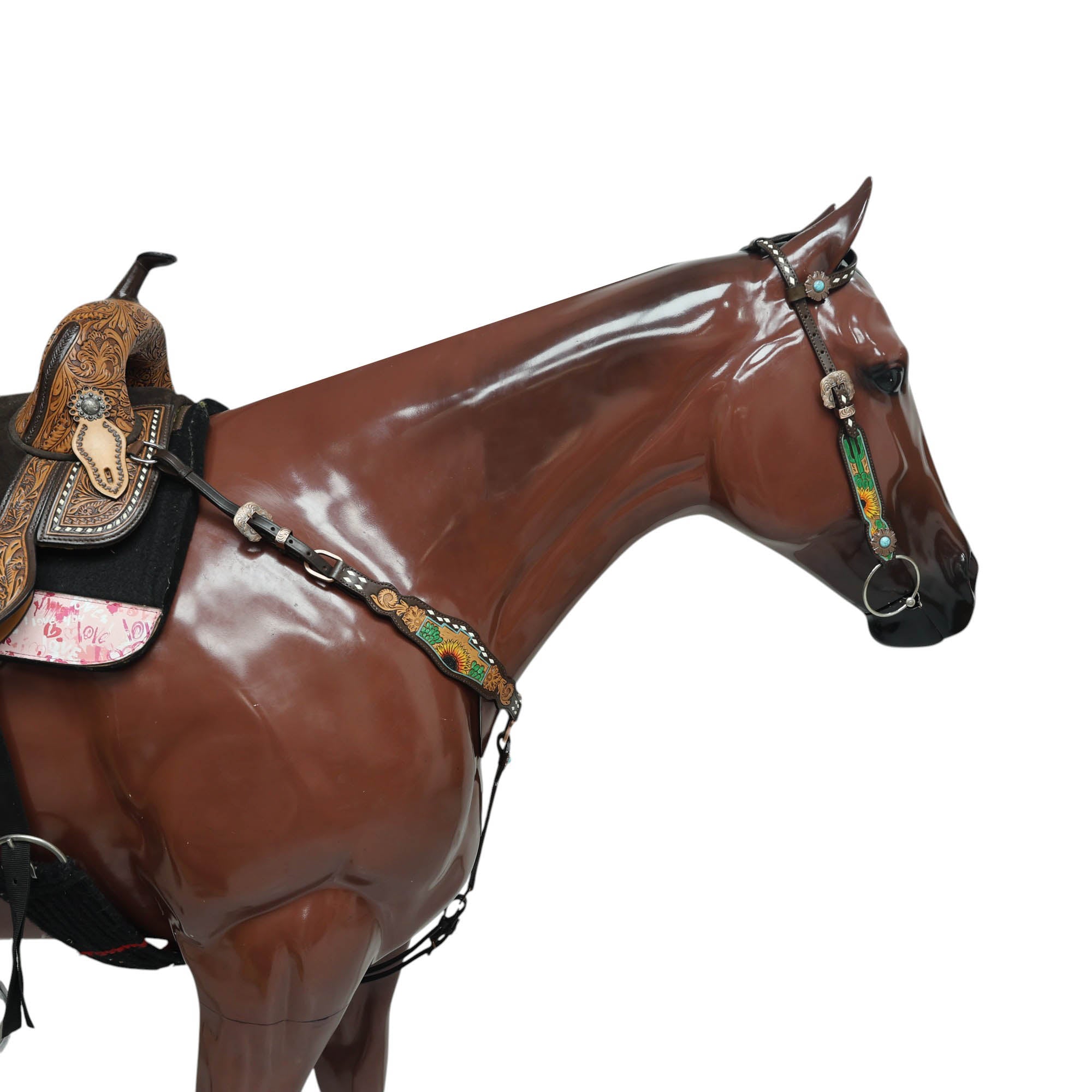 MOUSM Western Horse Tack Set – Made from Genuine Argentina Cow Leather, Decorated with Hand-Carved Cactus and Sunflower Designs, Rawhide Backstitching on One-Ear Headstall and Breast Collar, and Flower-Shaped Conchos with Turquoise Stone