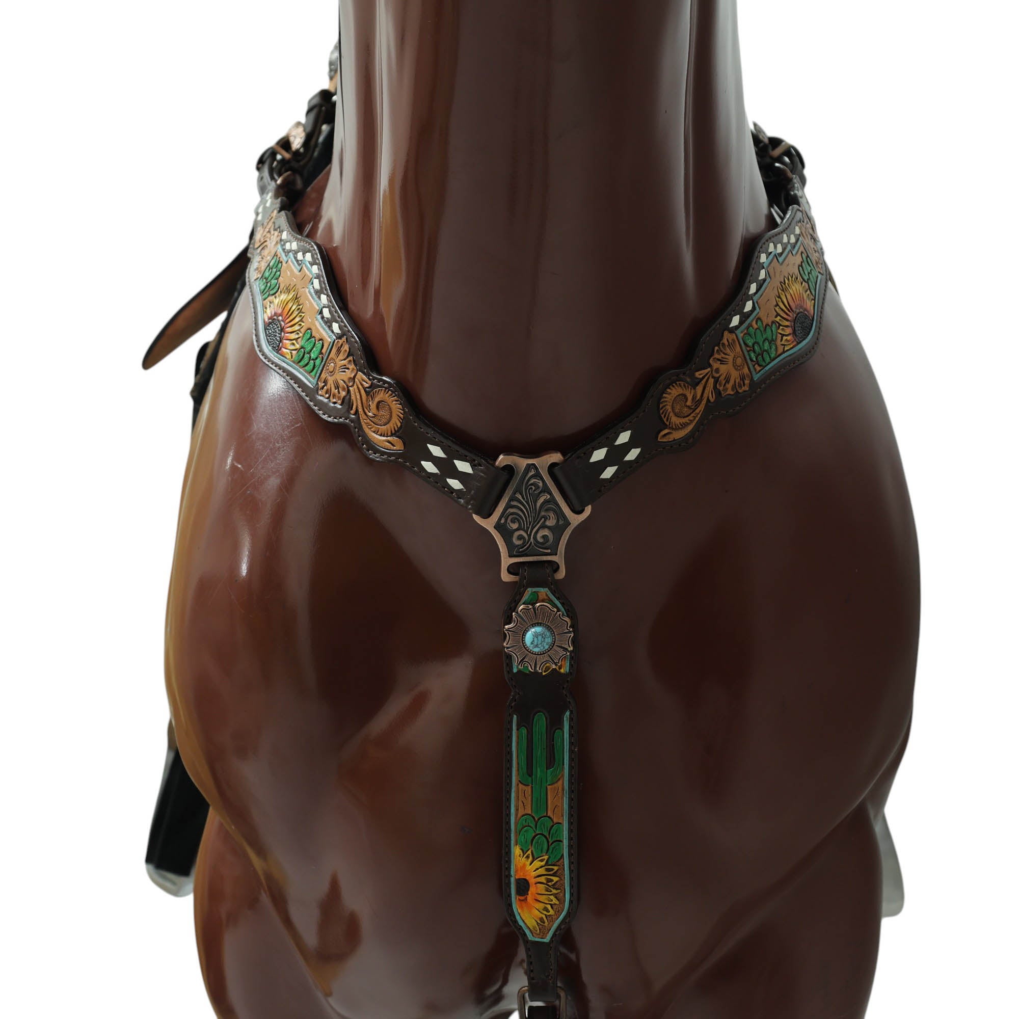 MOUSM Western Horse Tack Set – Made from Genuine Argentina Cow Leather, Decorated with Hand-Carved Cactus and Sunflower Designs, Rawhide Backstitching on One-Ear Headstall and Breast Collar, and Flower-Shaped Conchos with Turquoise Stone