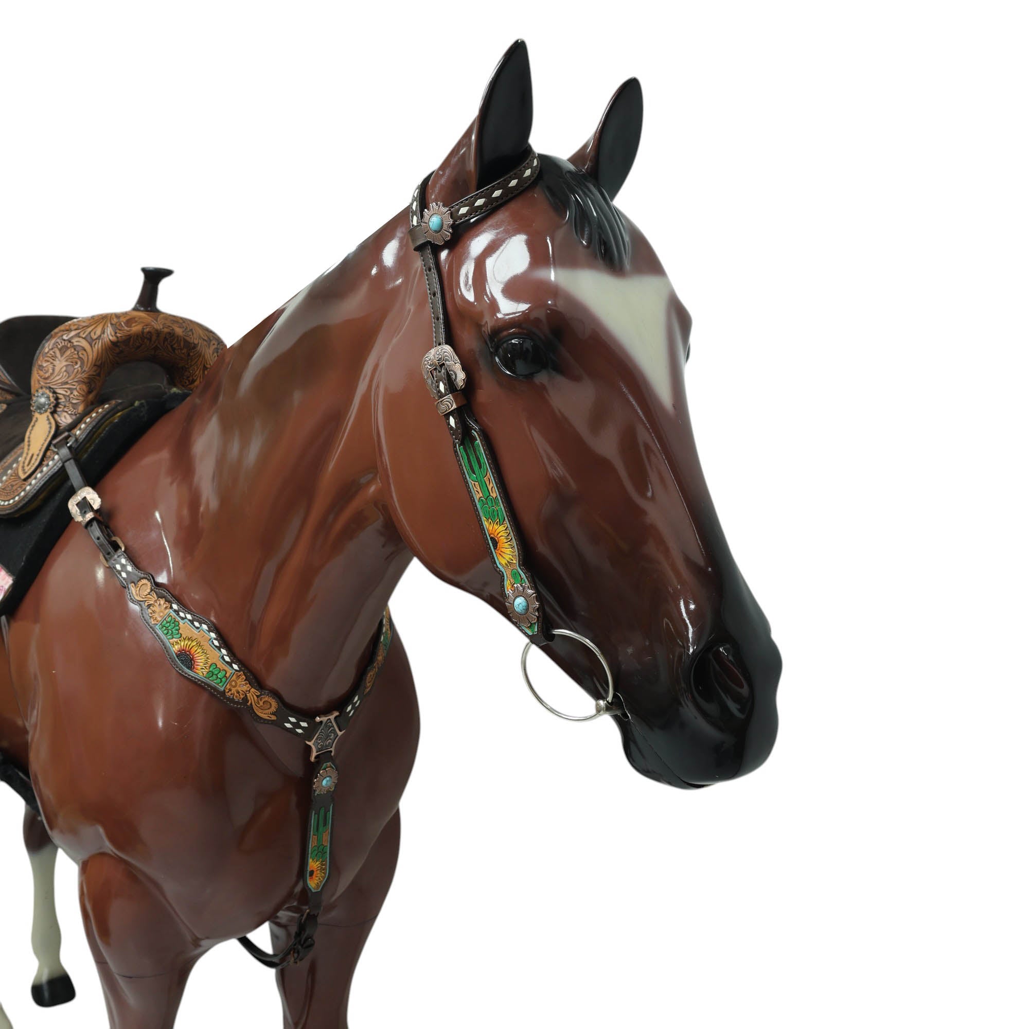 MOUSM Western Horse Tack Set – Made from Genuine Argentina Cow Leather, Decorated with Hand-Carved Cactus and Sunflower Designs, Rawhide Backstitching on One-Ear Headstall and Breast Collar, and Flower-Shaped Conchos with Turquoise Stone